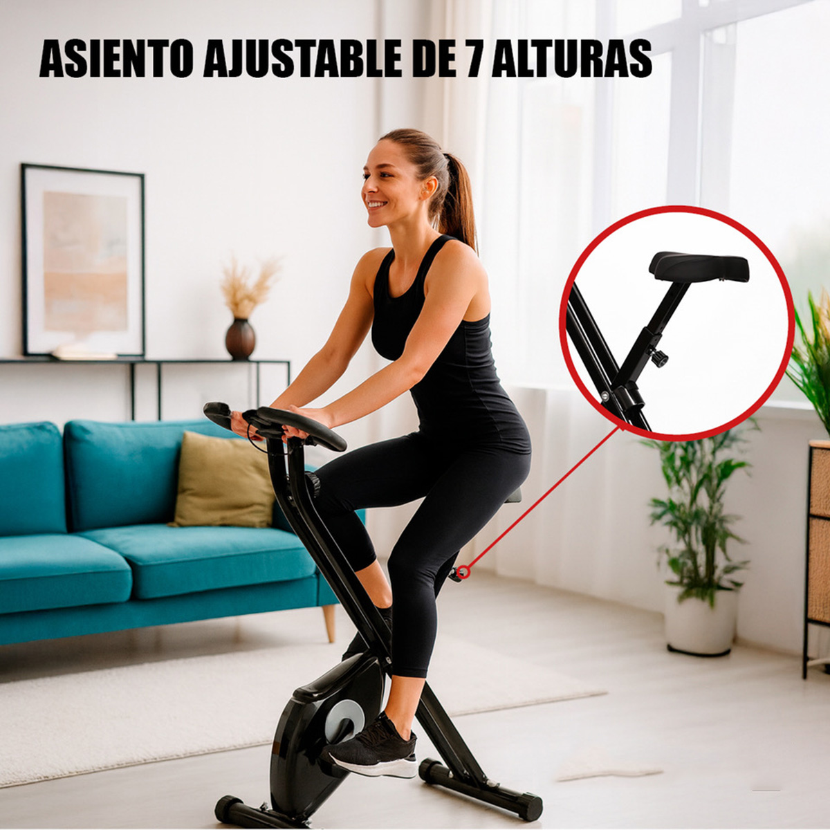 Mujer en bicicleta estática, asiento con 7 alturas resaltado.
