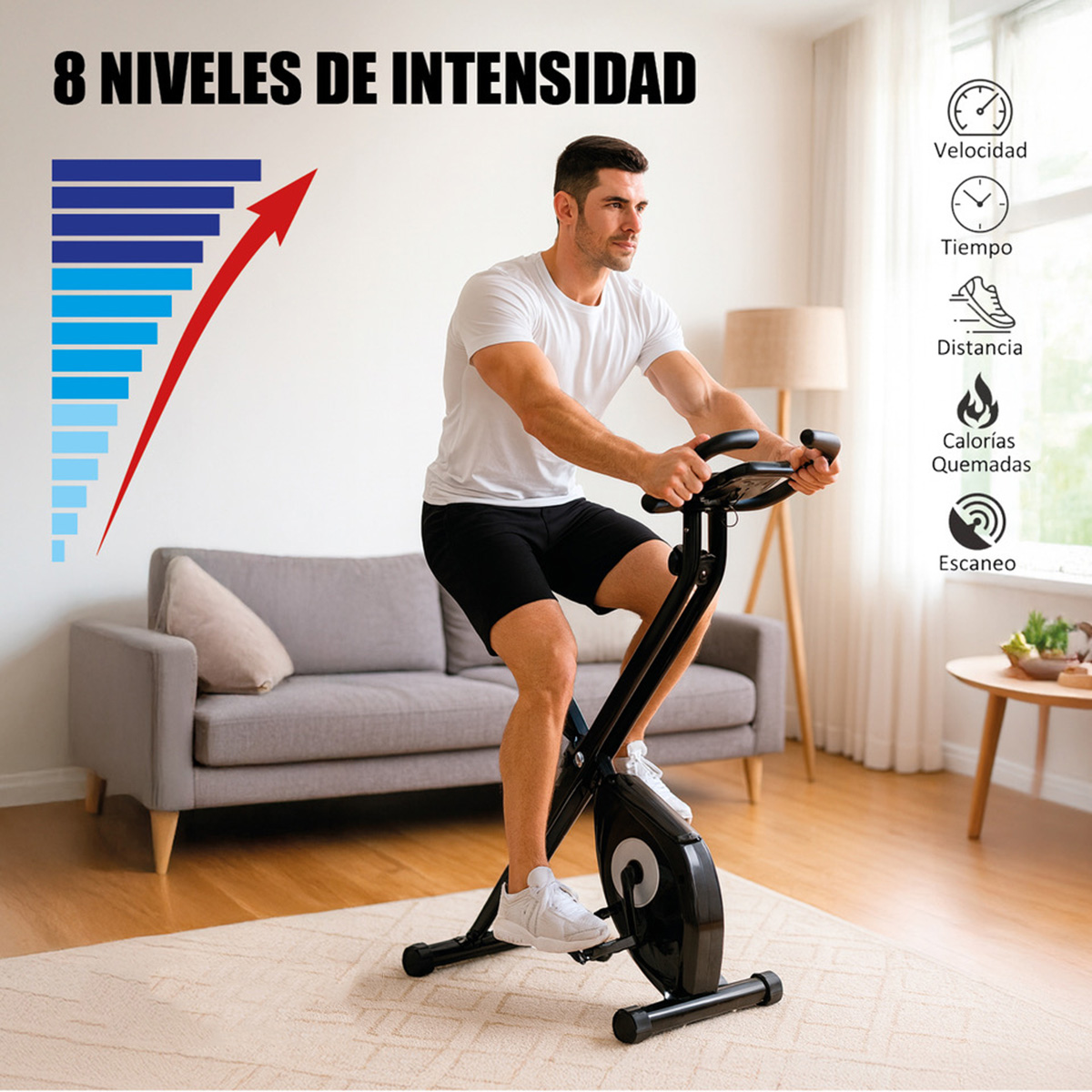 Un hombre en una bicicleta estática negra con gráfico de intensidad y métricas.