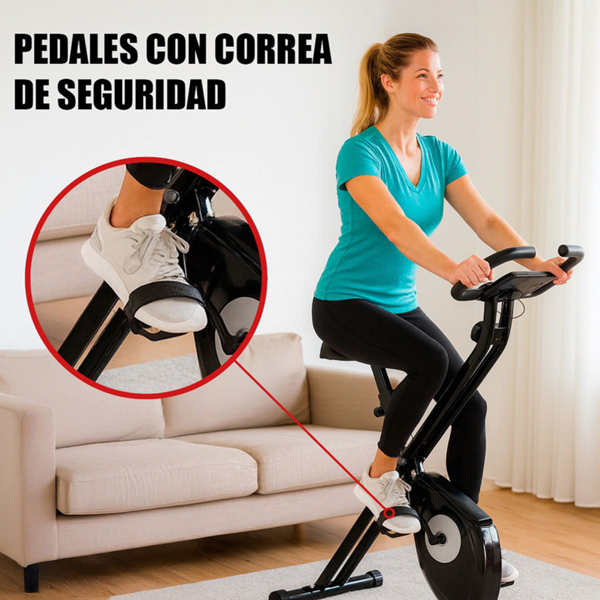 Una mujer en una bicicleta estática con correas de seguridad en los pedales.