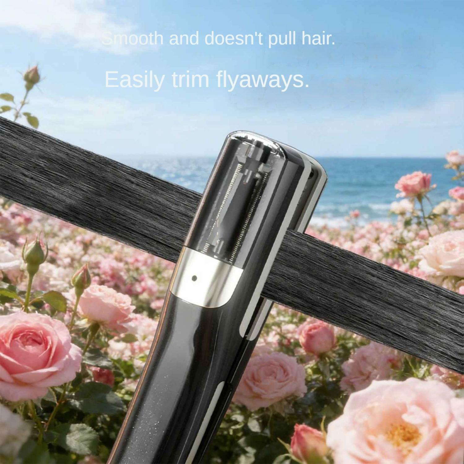 Ein schwarzes Haarschneidegerät trimmt graue Haare im Vordergrund vor einem Hintergrund aus rosa Rosen und blauem Himmel.