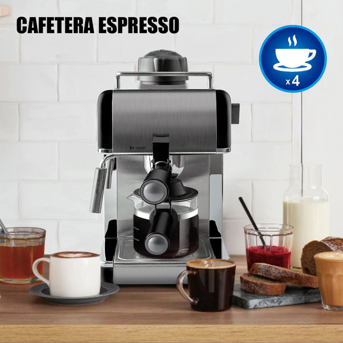 Máquina de espresso con café, leche y pan en un mostrador de madera.