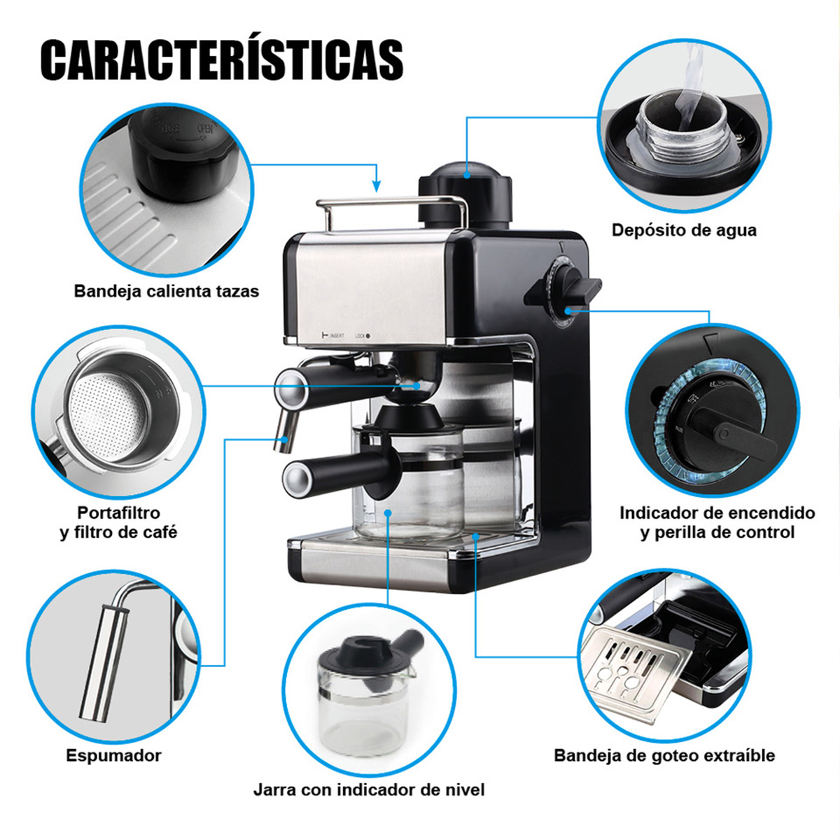 Máquina de espresso con partes etiquetadas: calentador de tazas, portafiltro, depósito de agua.