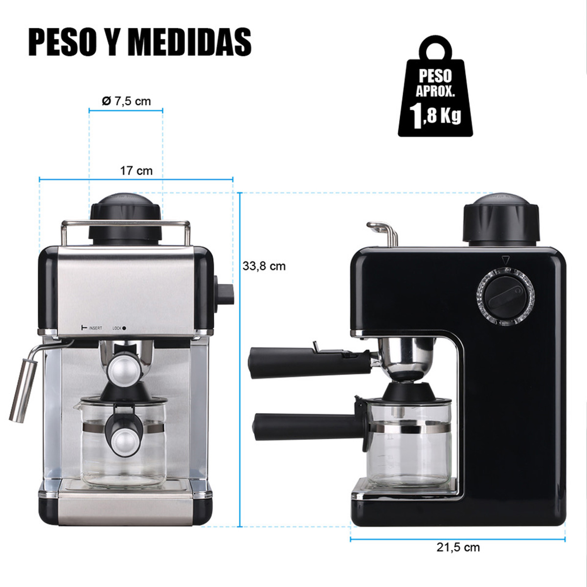 Dos cafeteras, una plateada y otra negra, con dimensiones y peso.