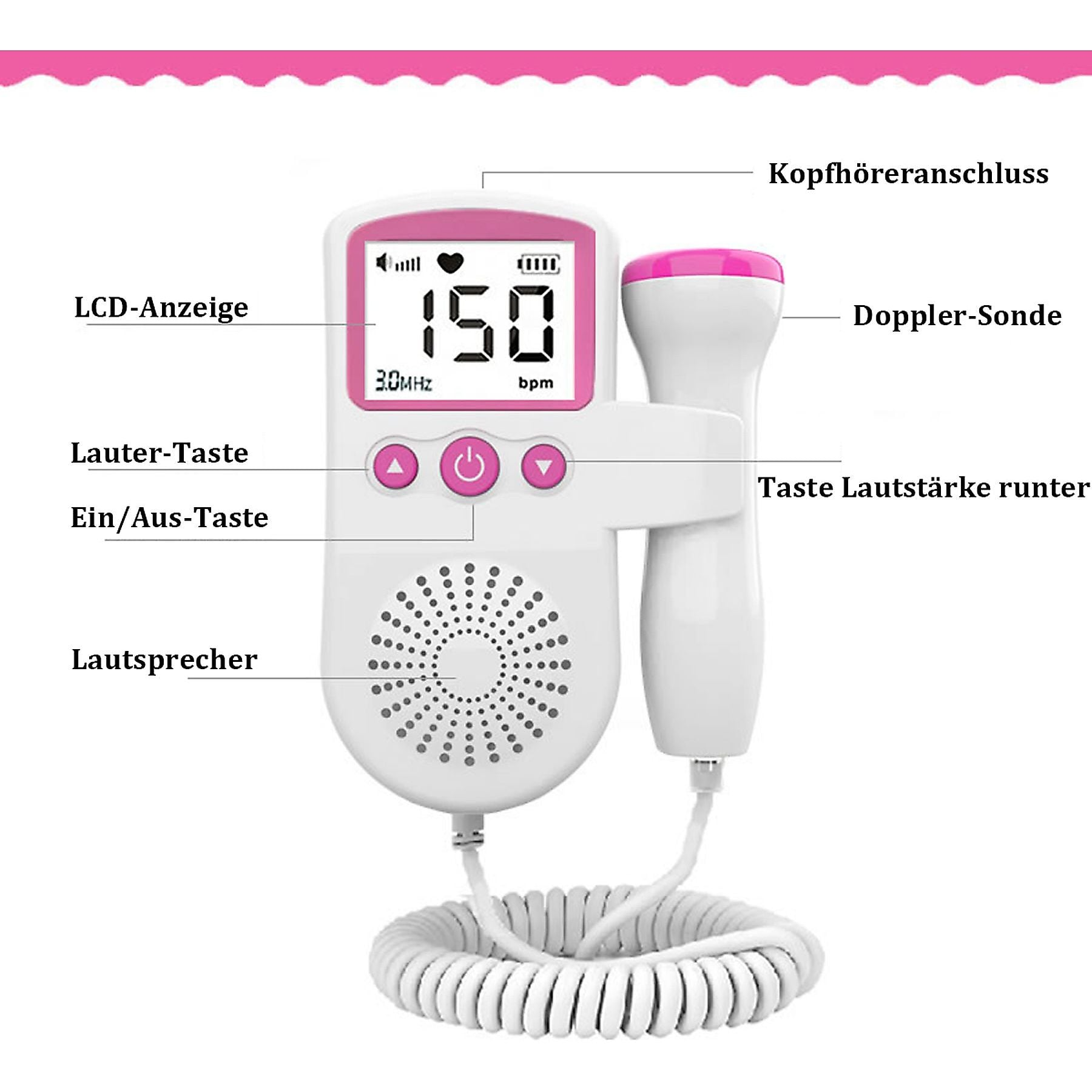 Ein Fetal Doppler mit LCD-Anzeige, Sondenanschluss, Lautsprecher und Tasten.