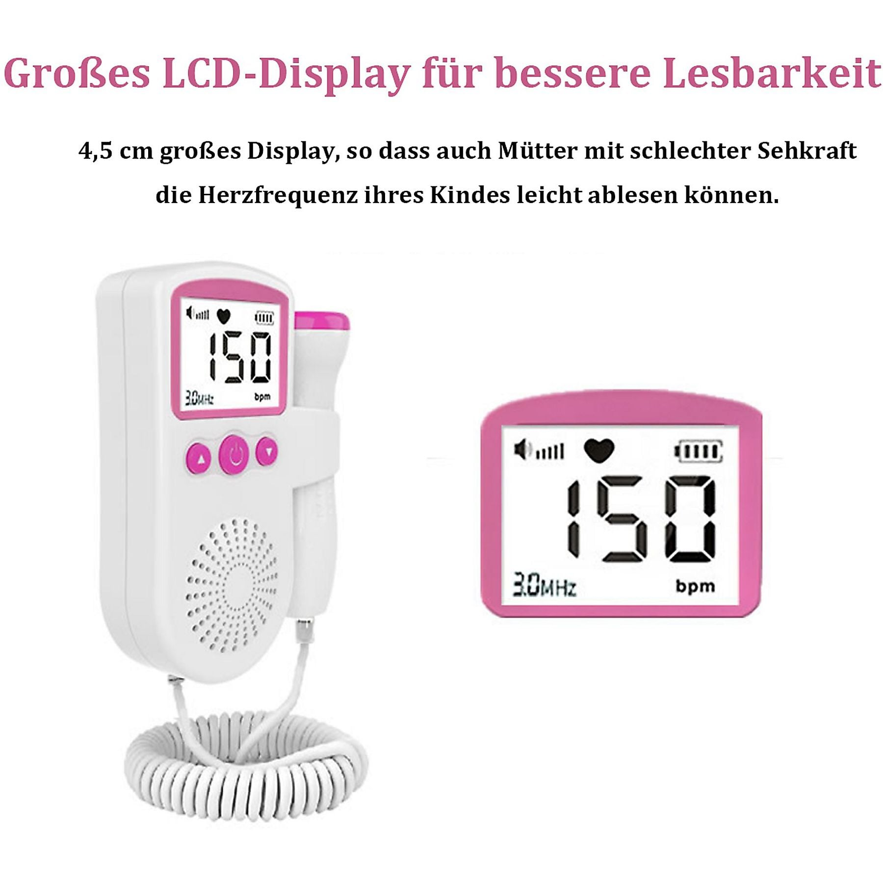 Ein weißer Baby-Herzschlagmonitor mit einem LCD-Display, das 150 bpm anzeigt.