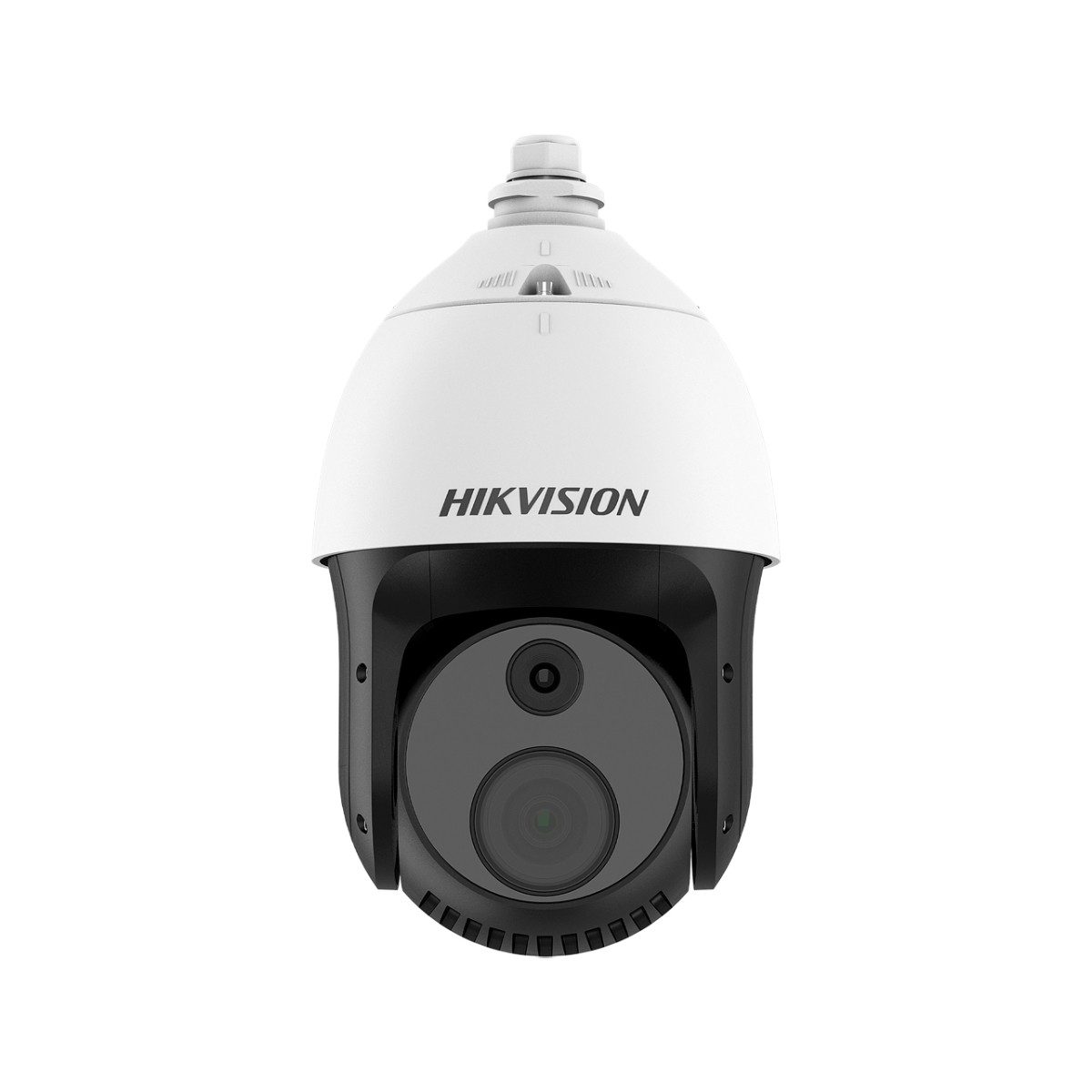 Eine weiße und schwarze Hikvision Überwachungskamera mit großem Objektiv.
