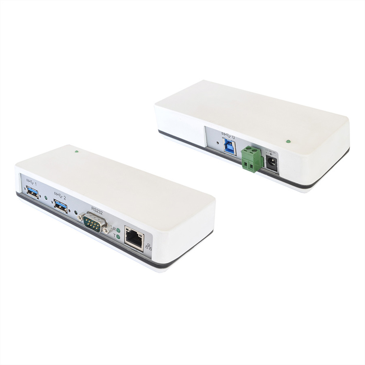 Due dispositivi elettronici bianchi con porte USB, RS232 ed Ethernet.