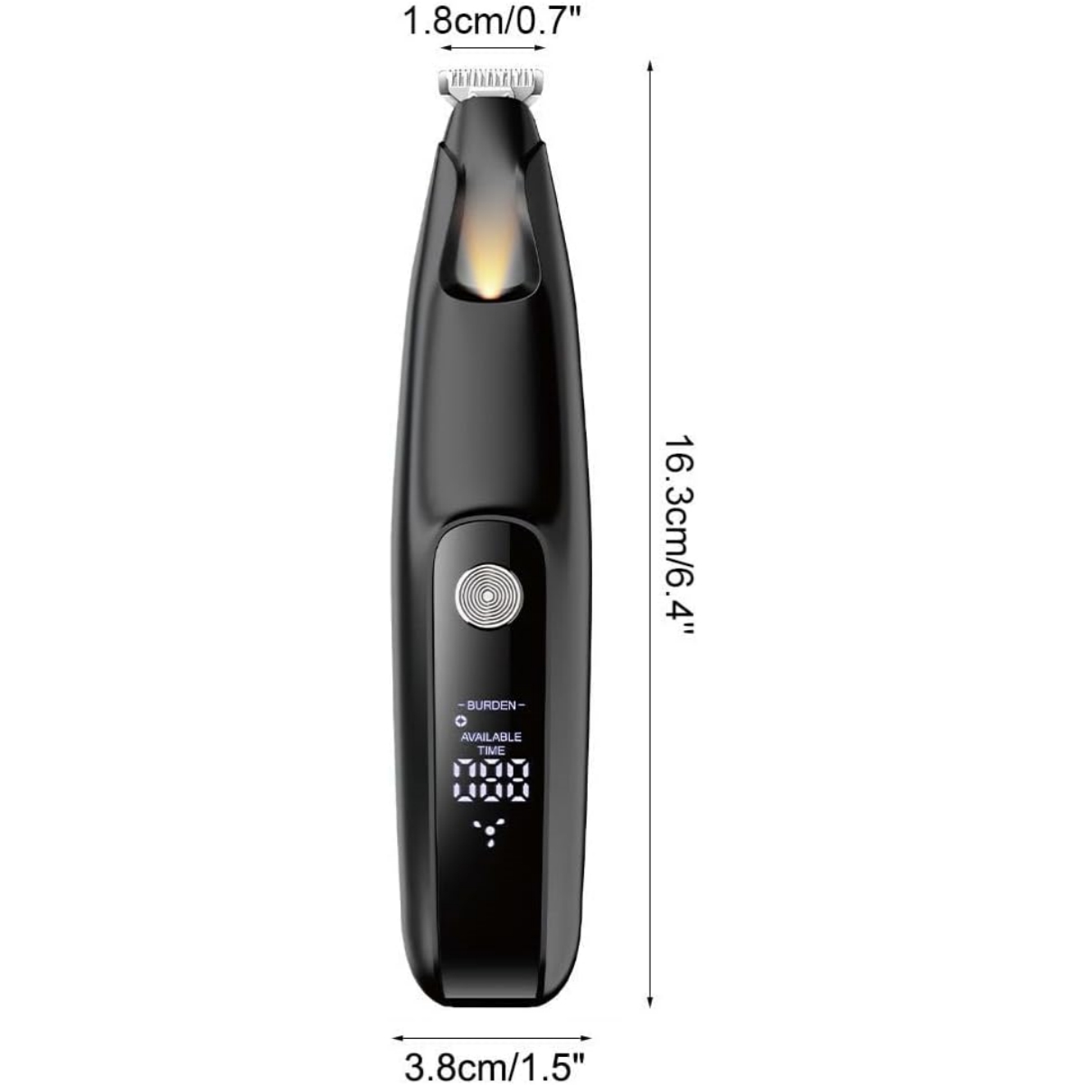 Schwarzer Trimmer mit digitalen Anzeigen für Akkulaufzeit und Belastung.