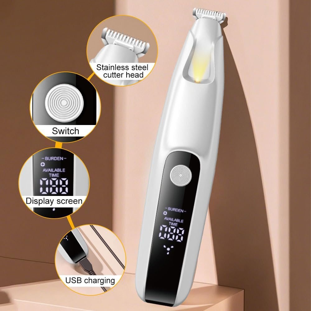 Ein weißer Haarschneider mit digitalem Display, Schalter und USB-Ladeanschluss.