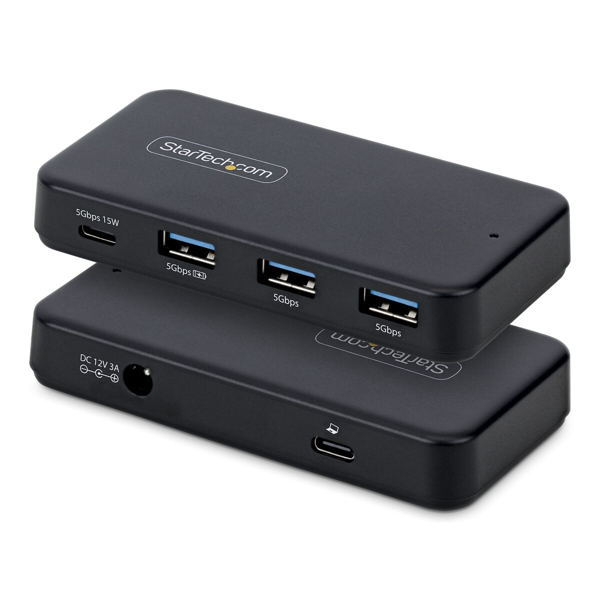 Zwei schwarze StarTech.com USB-Hubs übereinander. Oberer Hub hat 3 USB-A-Anschlüsse und 1 USB-C-Anschluss. Unterer Hub hat Stromeingang und 1 USB-C-Anschluss.