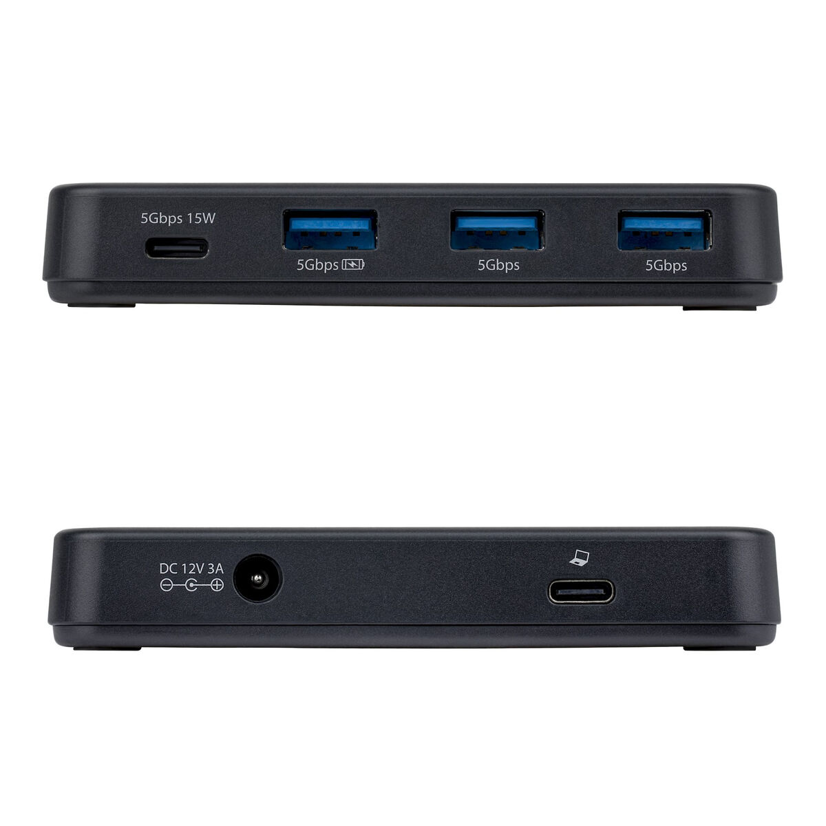 Schwarze USB-C-Dockingstation mit 1 USB-C-, 3 USB-A-Anschlüssen, DC-Eingang und Laptop-Anschluss.