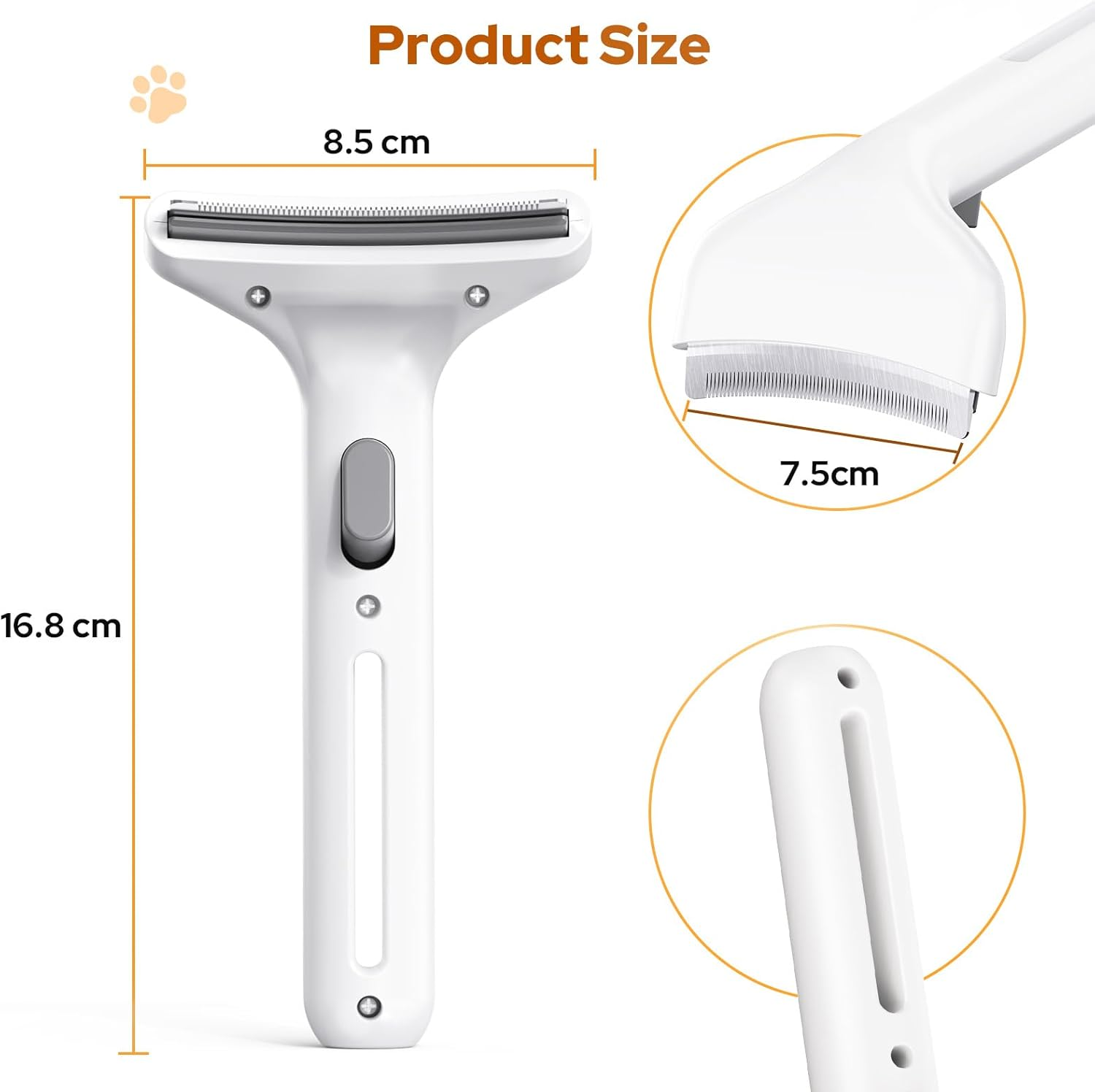 Weißes Haustierpflegegerät mit Maßen: 16,8 cm Länge, 8,5 cm Bürstenbreite, 7,5 cm Bürste.