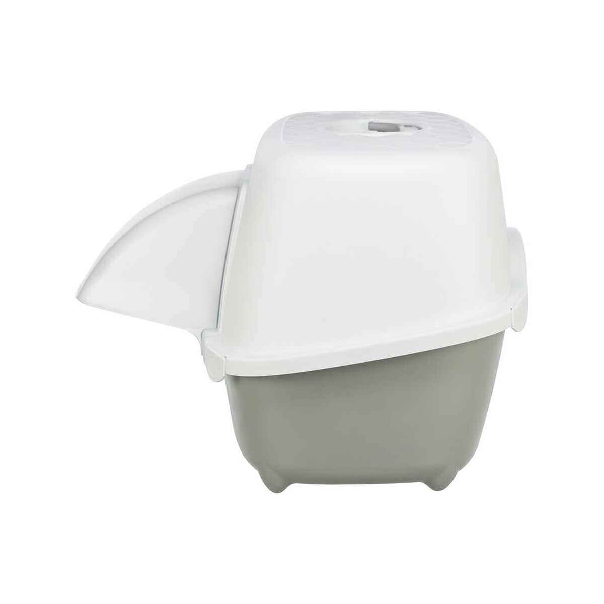 Eine weiße und graue Katzentoilette mit einem hohen Rand und einem transparenten Vordach.