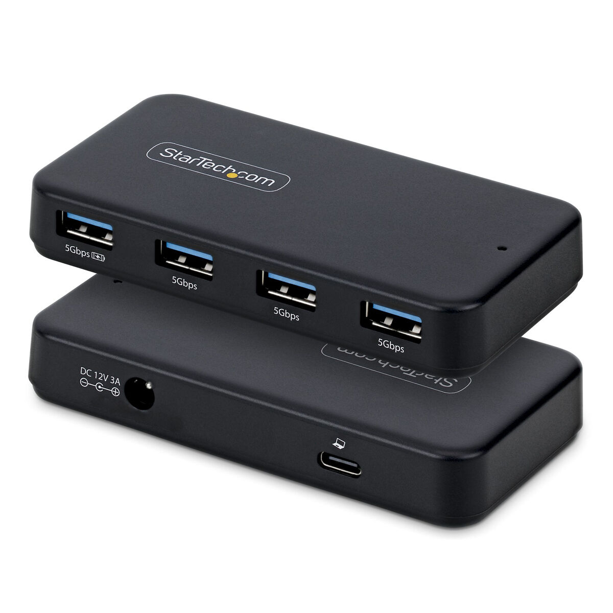 Zwei schwarze USB-Hubs mit StarTech.com-Logo, einer oben mit vier USB-Anschlüssen.