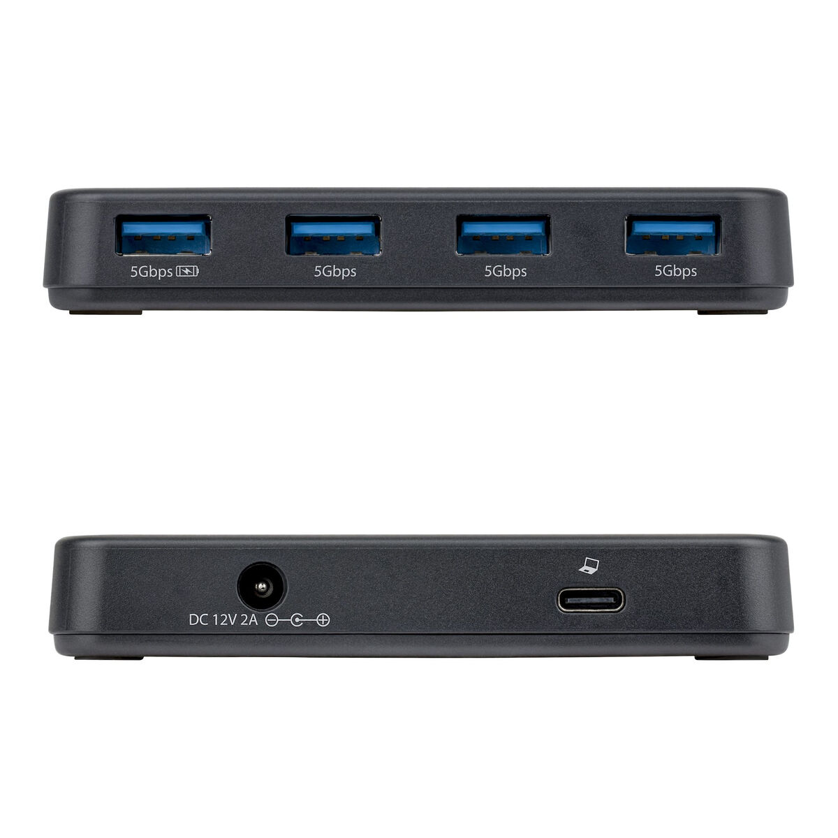 Schwarzer USB-Hub mit vier 5-Gbps-Anschlüssen oben und Anschlüssen unten.