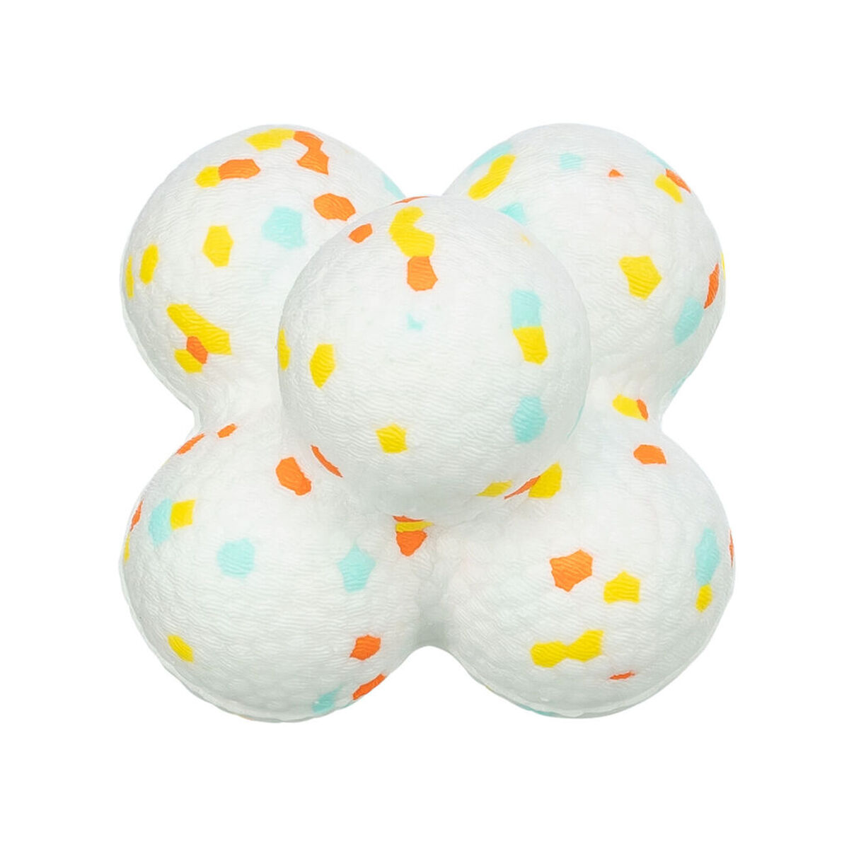 Ein weißer, sternförmiger Ball mit bunten Flecken in Orange, Gelb und Türkis.