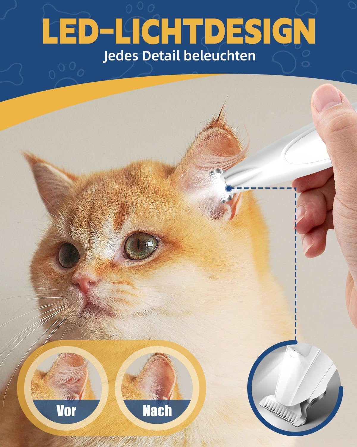 Katze mit LED-Ohrschneider mit Vorher-Nachher-Bildern.