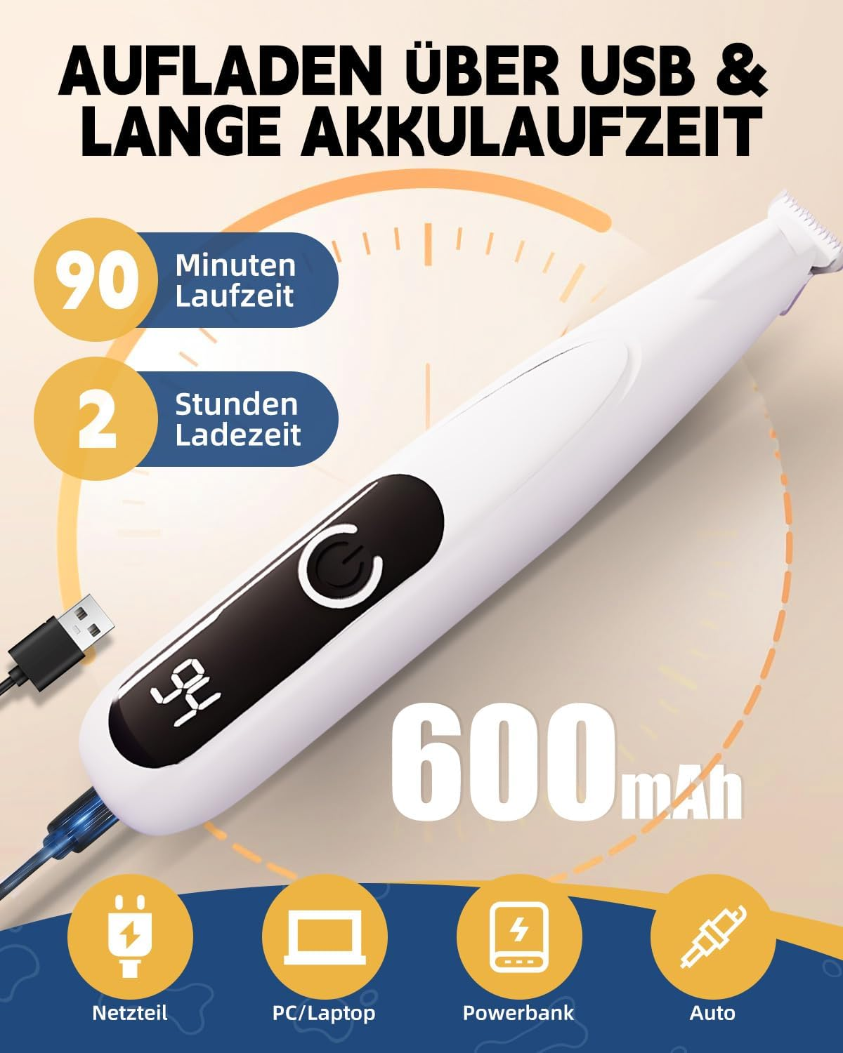 Ein weißer Trimmer mit USB-Kabel, 90 Min Laufzeit, 2 Std Ladezeit, 600mAh.