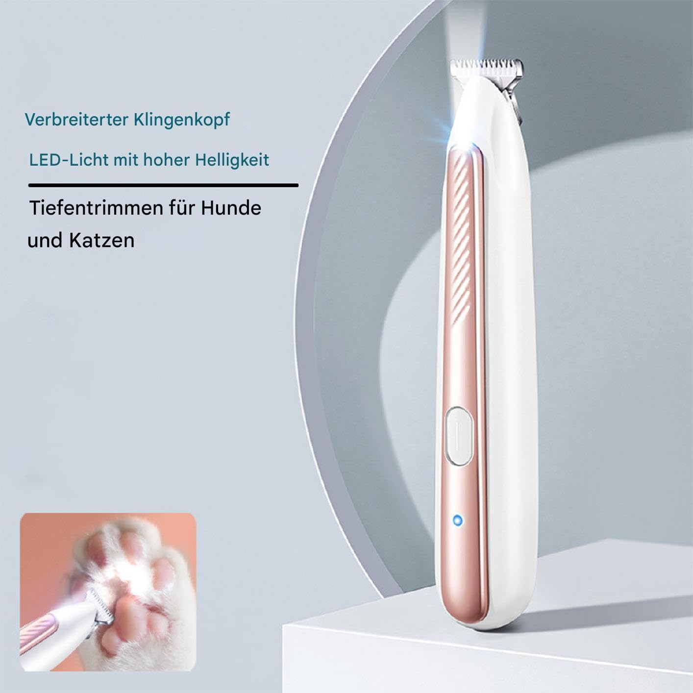 Ein weißer und roségoldener Tierhaartrimmer mit LED-Licht wird gezeigt.