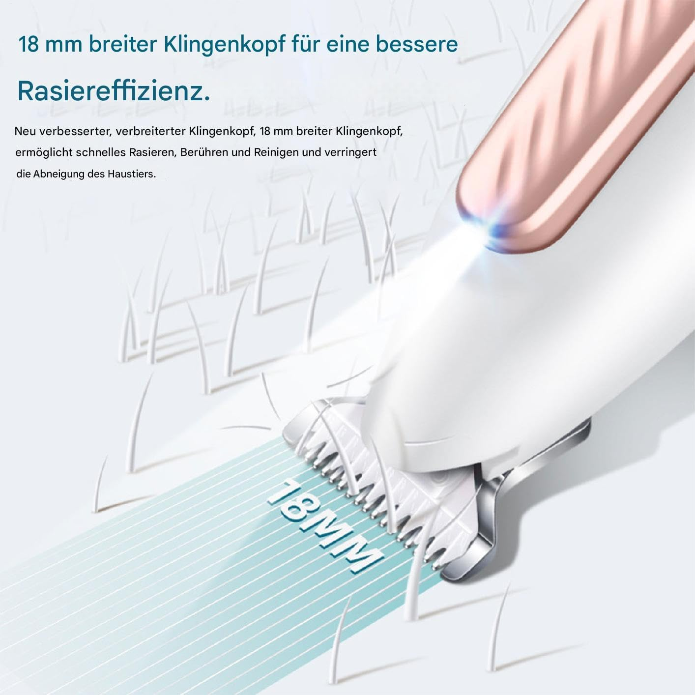 Ein weißer Trimmer mit breitem 18-mm-Scherkopf schneidet Haare.