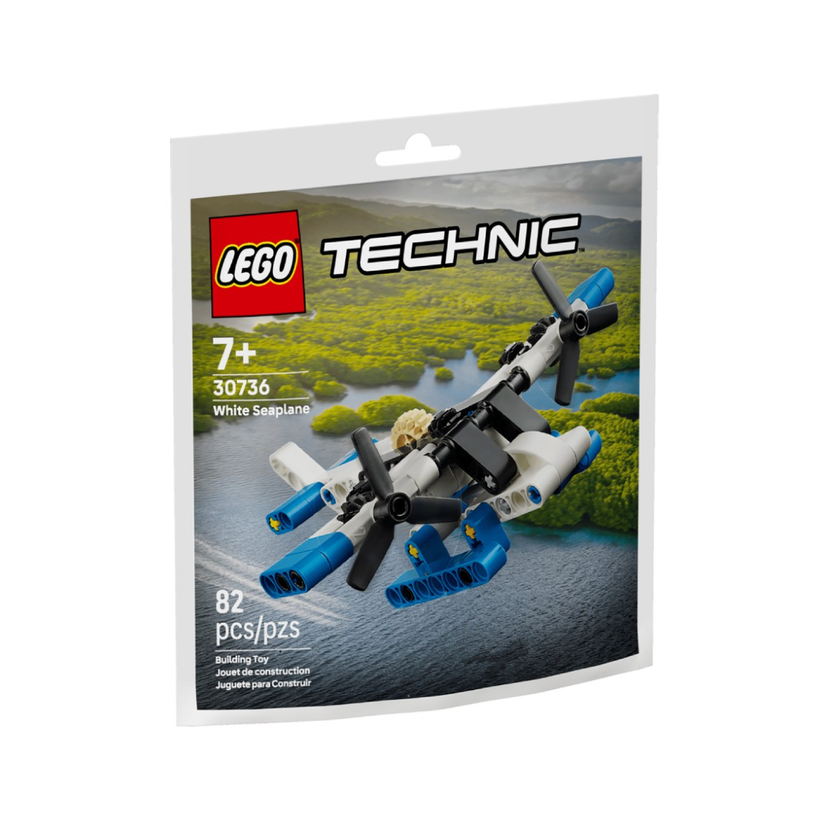 Kit LEGO Technic Hidroavión Blanco con 82 piezas, sobre el agua.