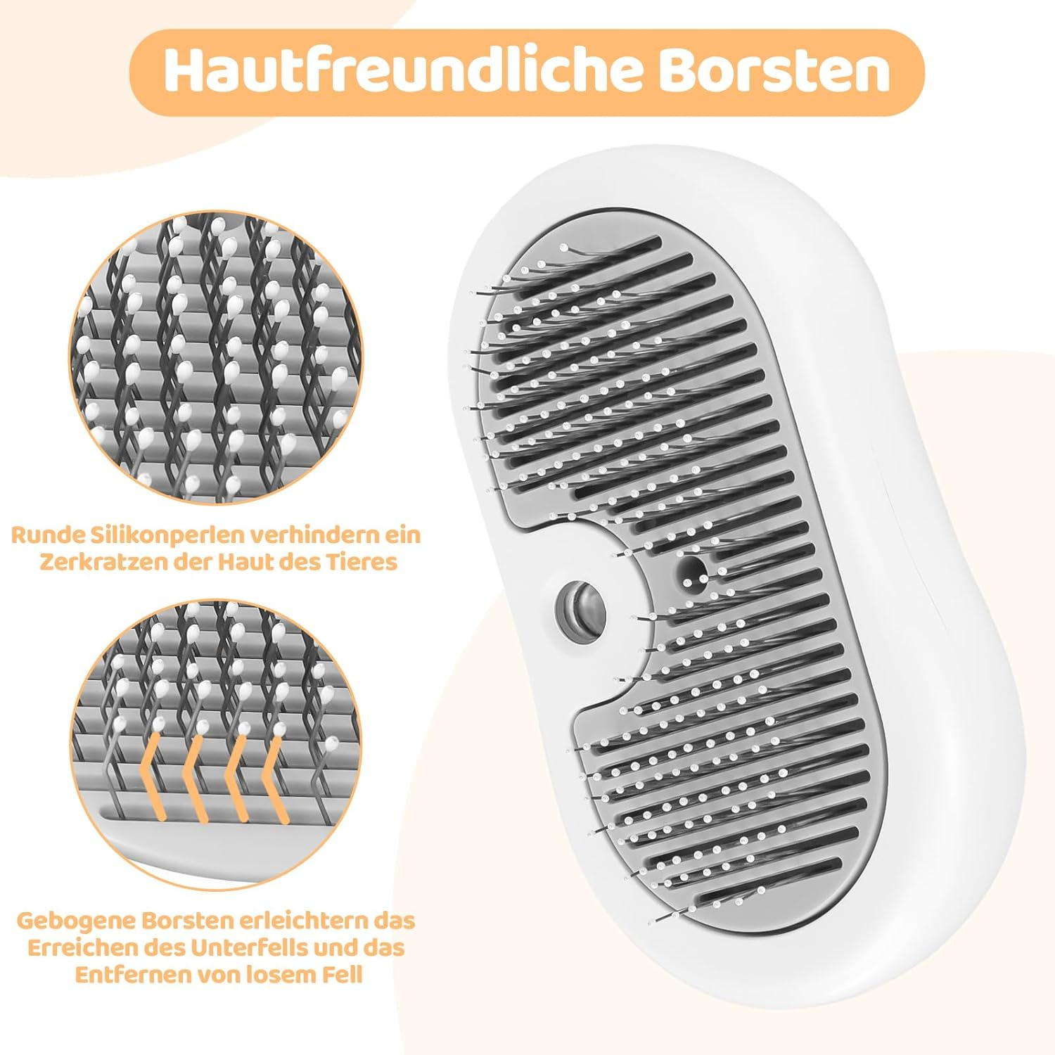 Ein weißer Haustierkamm mit gebogenen Borsten und Silikonperlen für sanftes Bürsten.