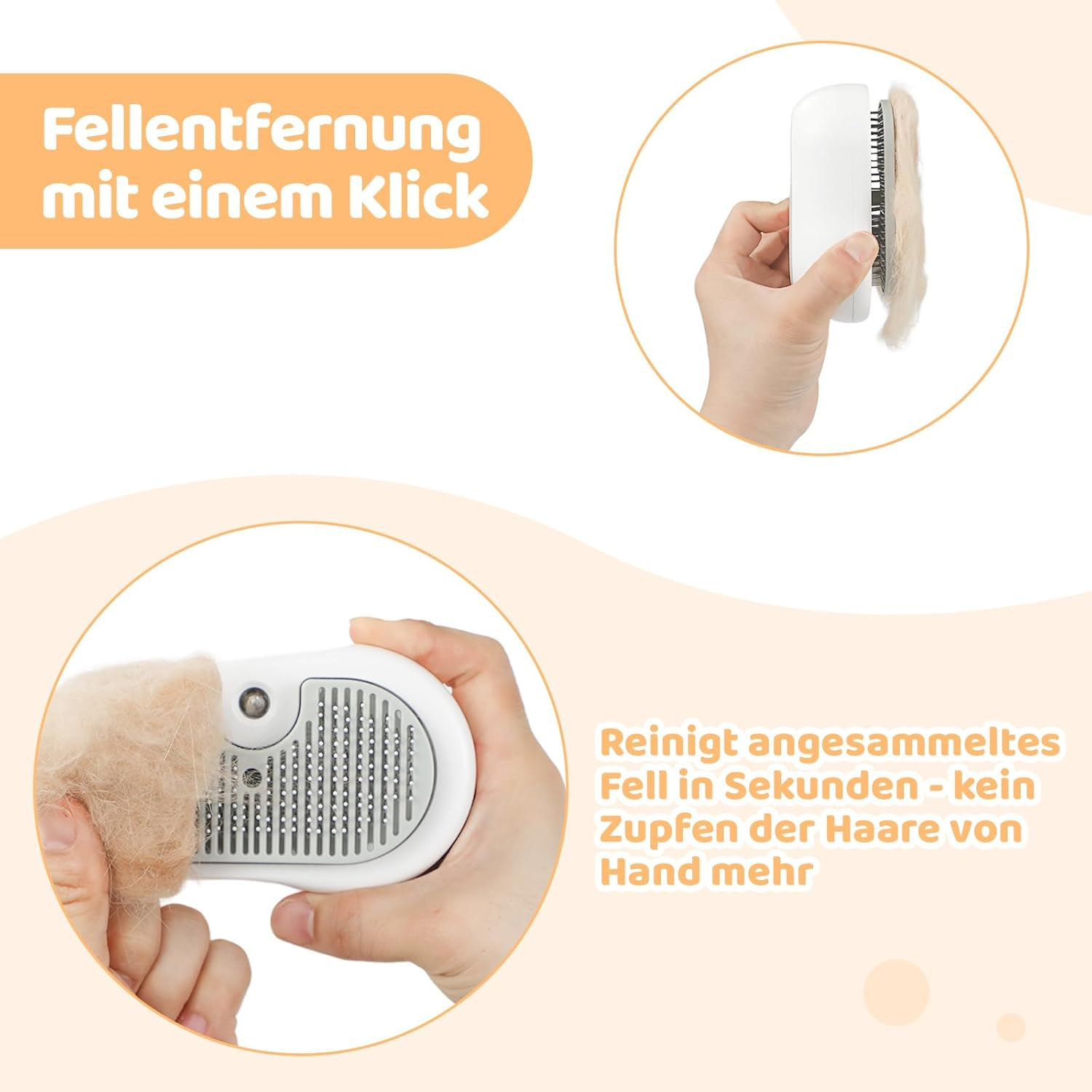 Eine Hand hält einen weißen Fellentferner mit angehäuftem Fell.