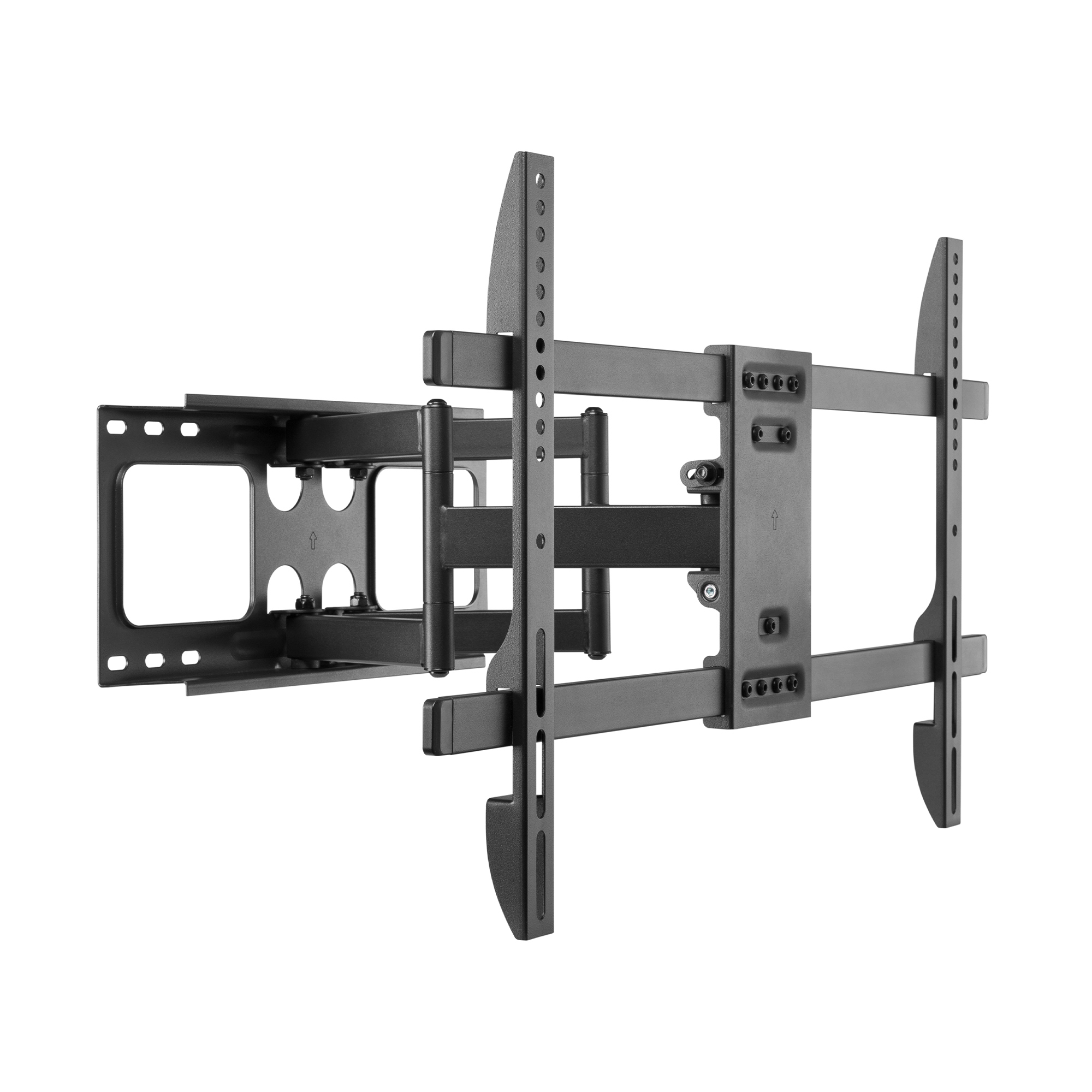 Un support mural TV noir et extensible avec bras réglables sur fond blanc.