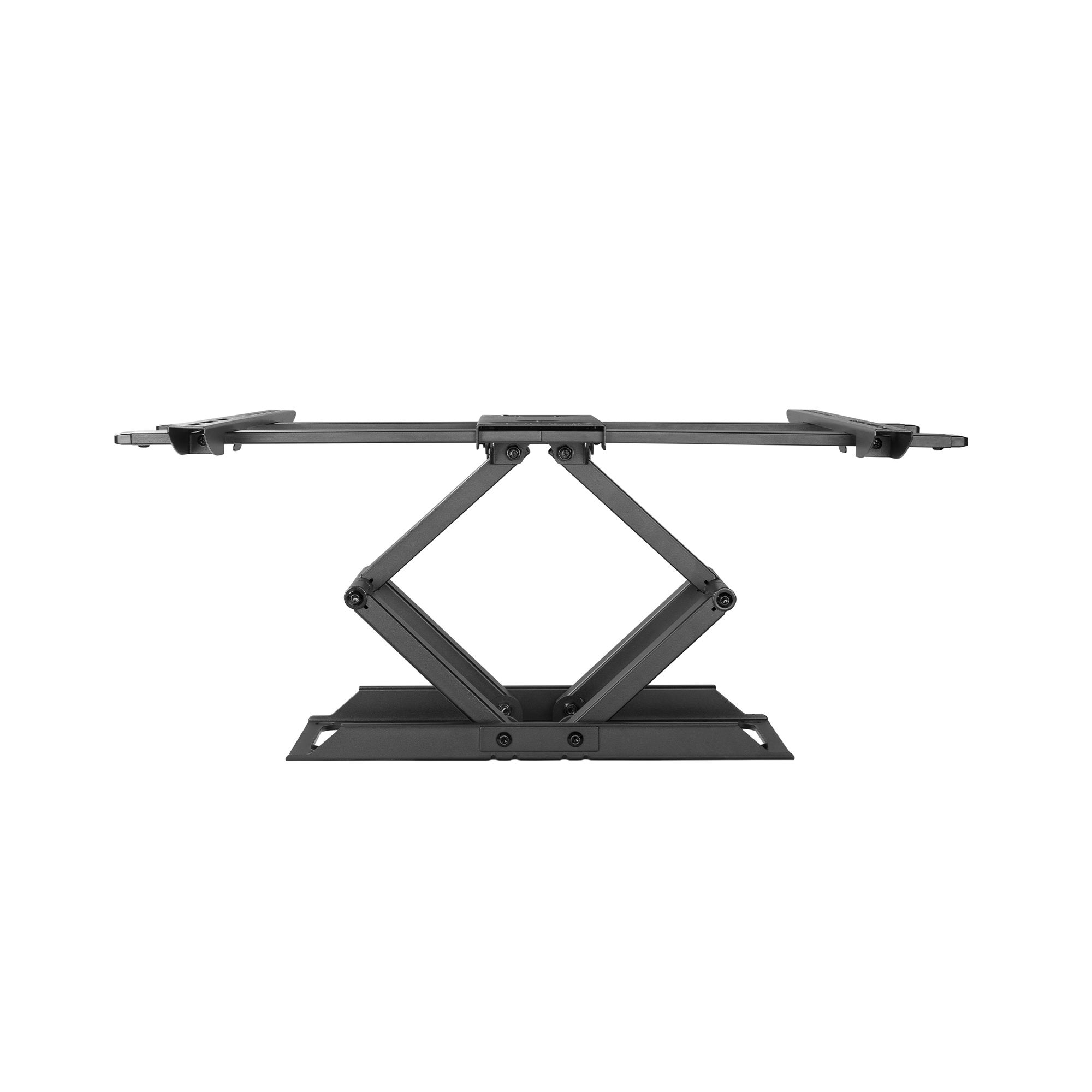 Un support élévateur à ciseaux noir avec doubles bras sur une base plate.