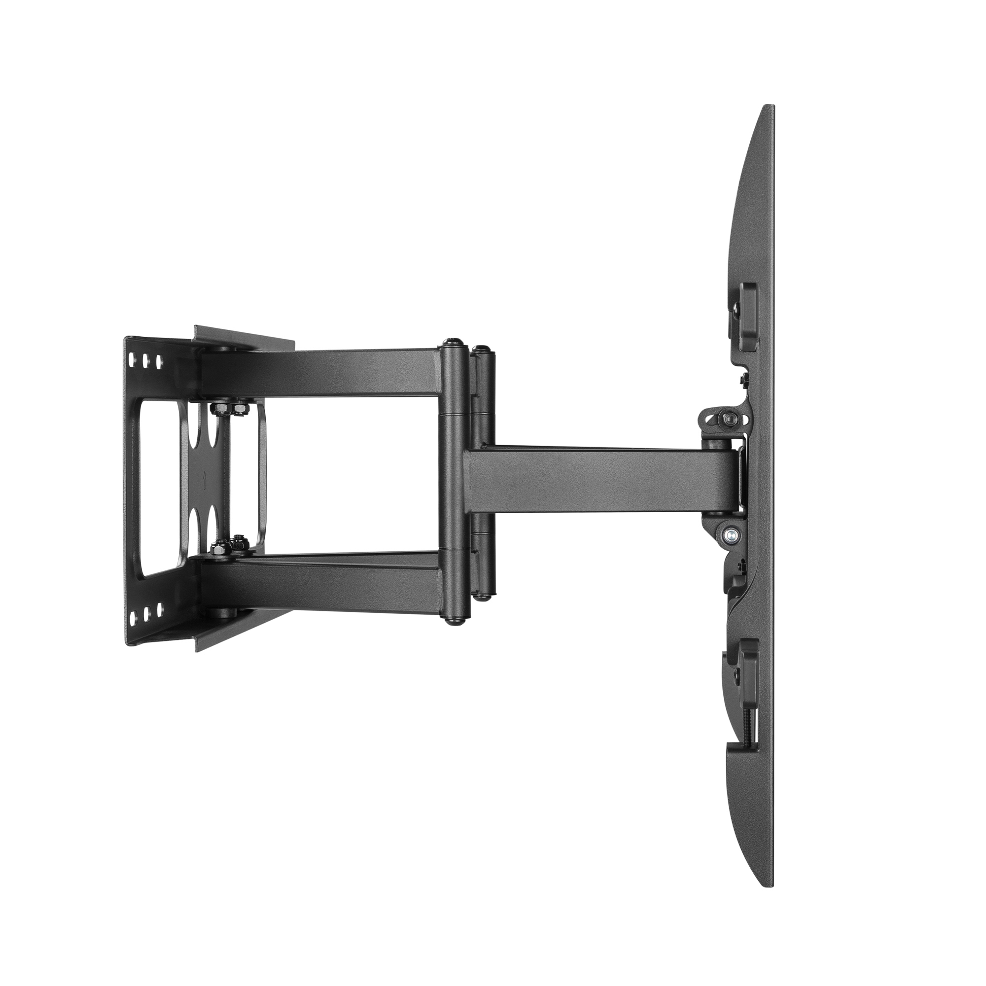 Un support mural TV noir articulé avec bras extensible, fixé à une plaque murale.