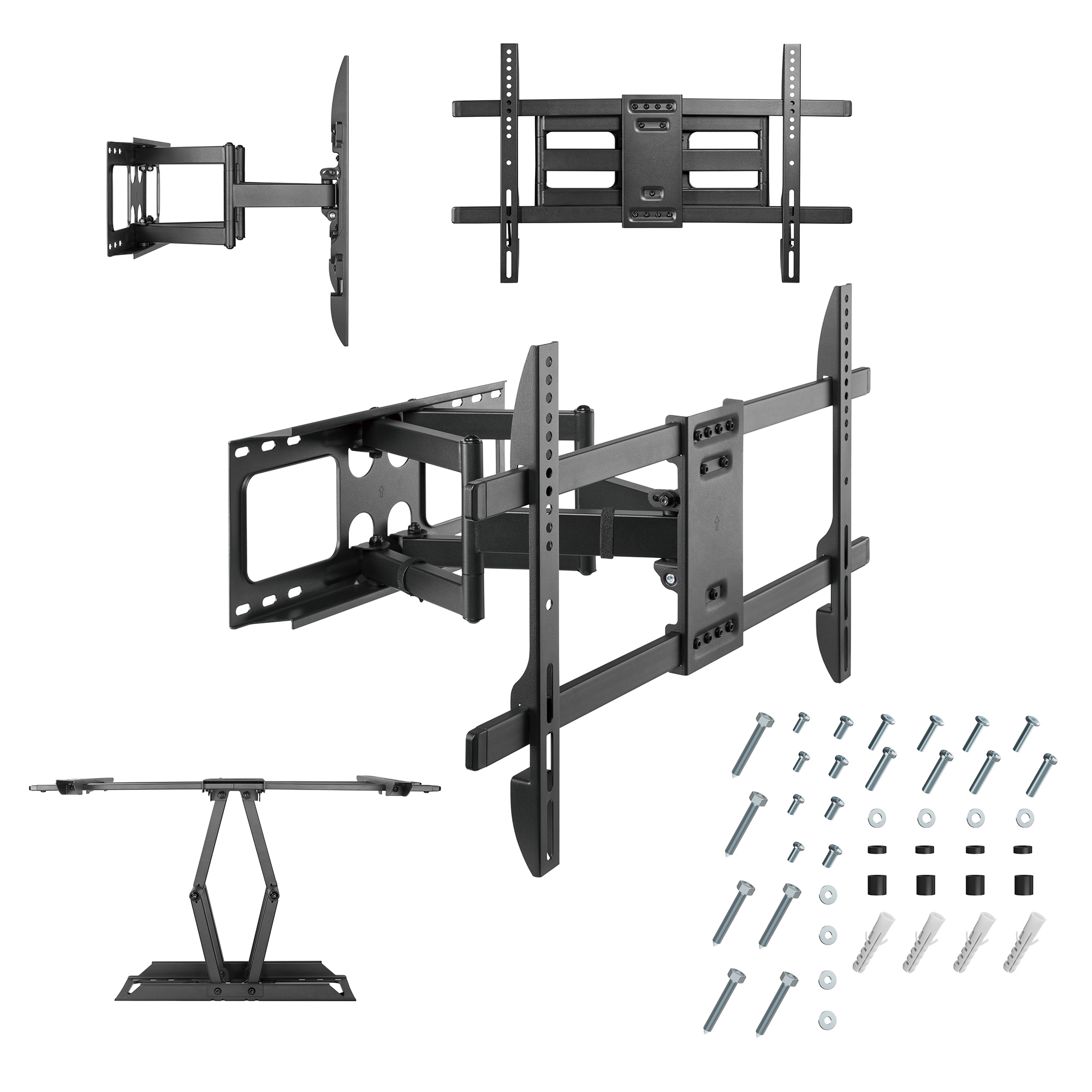 Support mural TV noir avec bras extensible et matériel de montage.