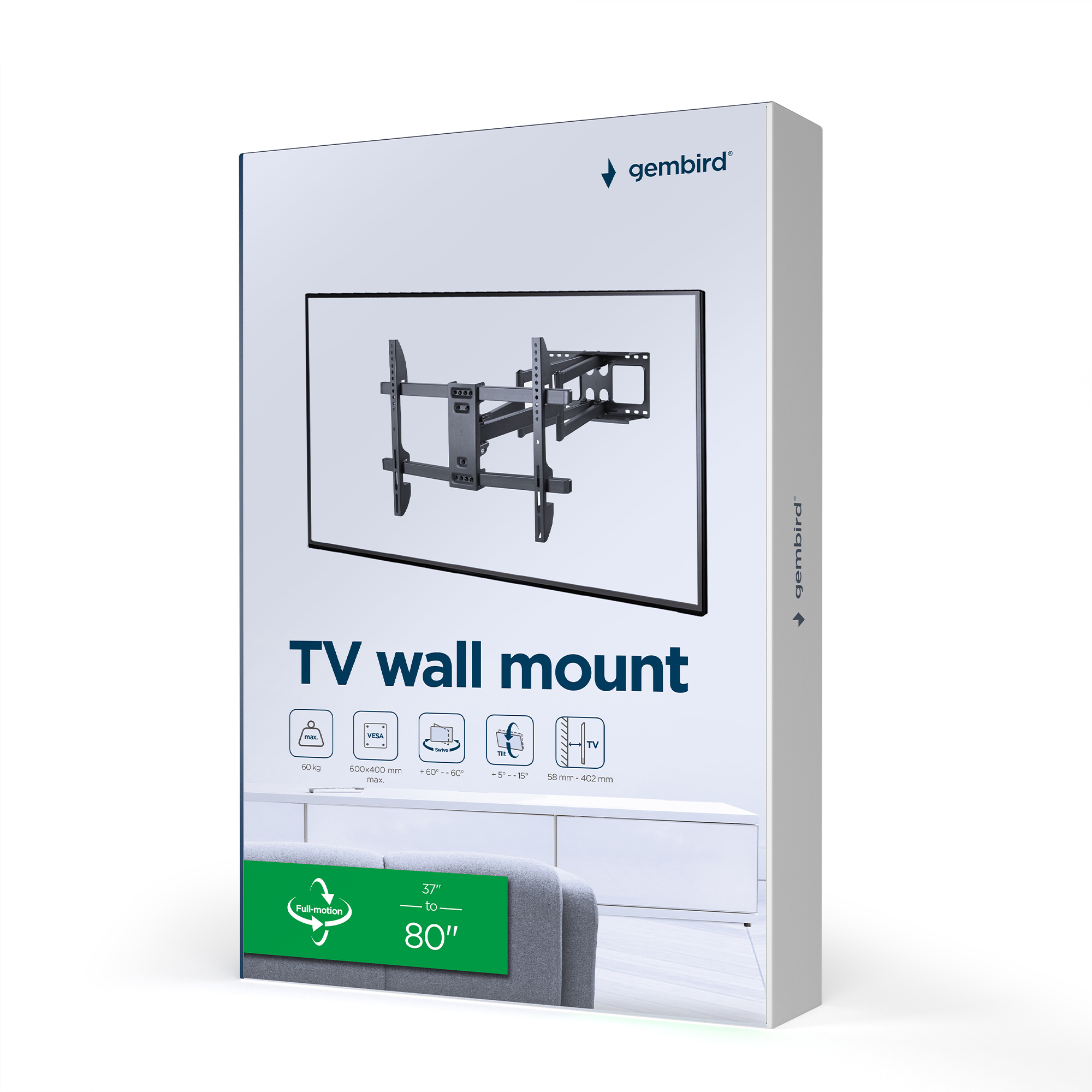 Boîte de support mural TV Gembird montrant un support articulé noir pour téléviseurs de 37 à 80 pouces.
