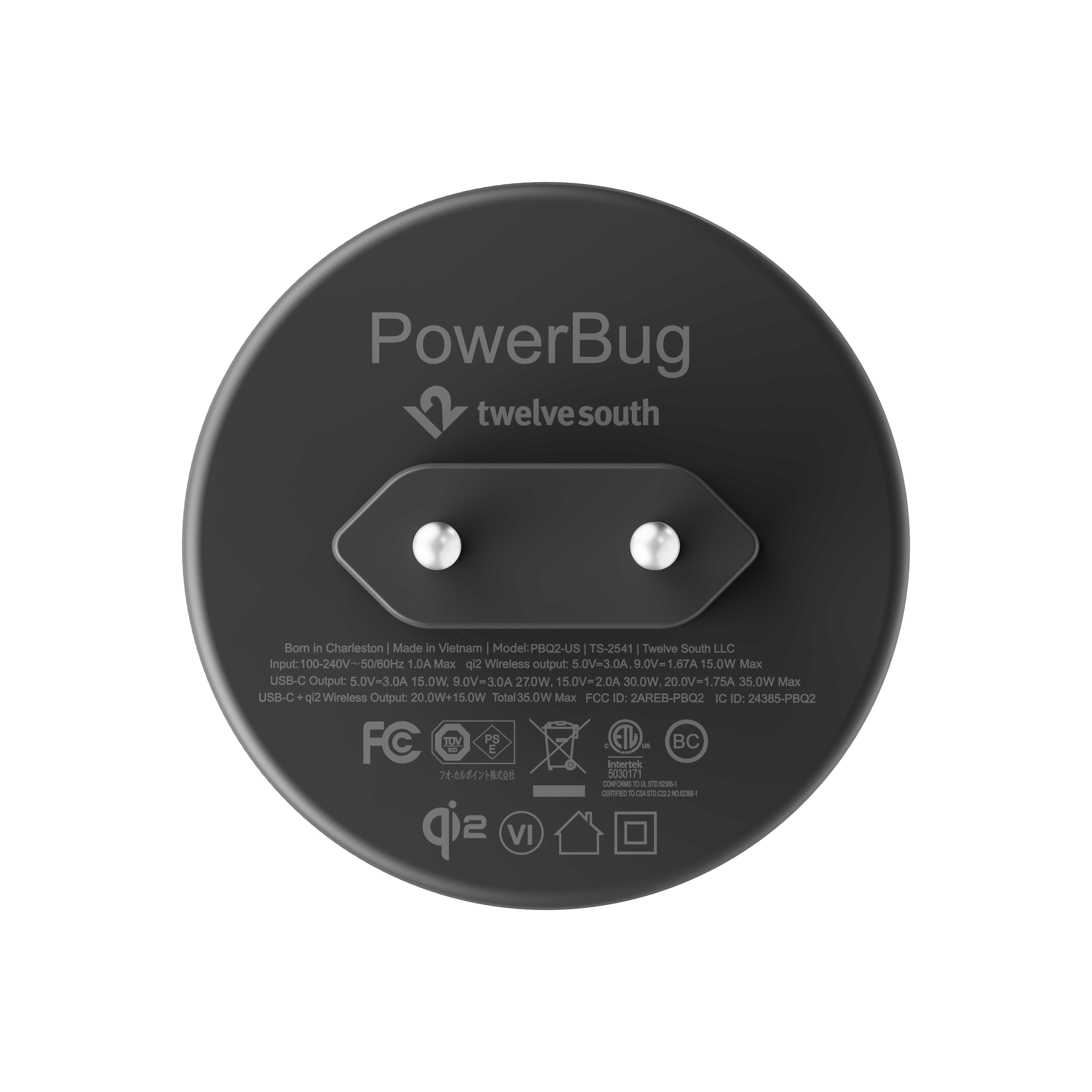 Adattatore di corrente nero con logo PowerBug e dettagli.