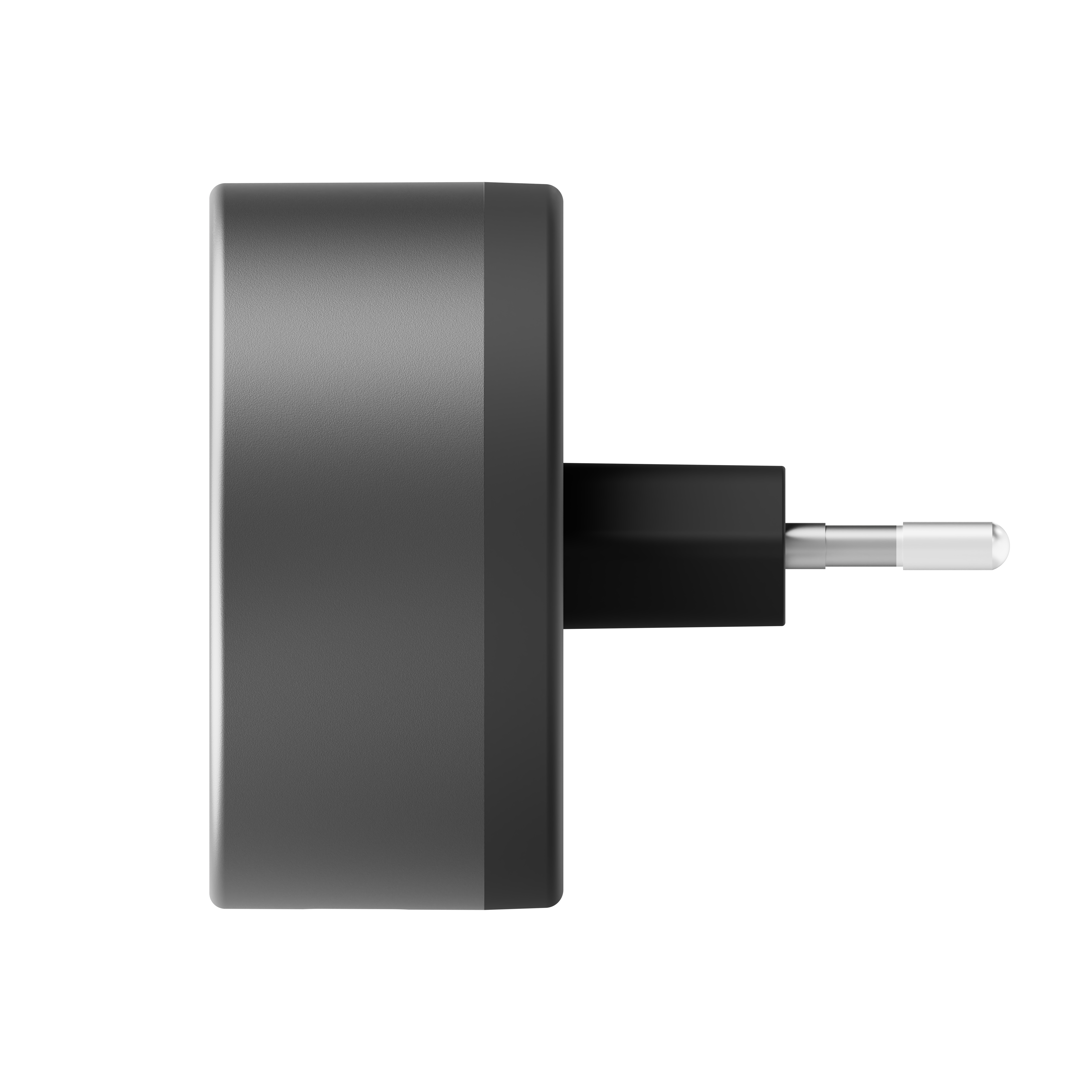Adattatore di corrente grigio con spina nera e pin metallici.