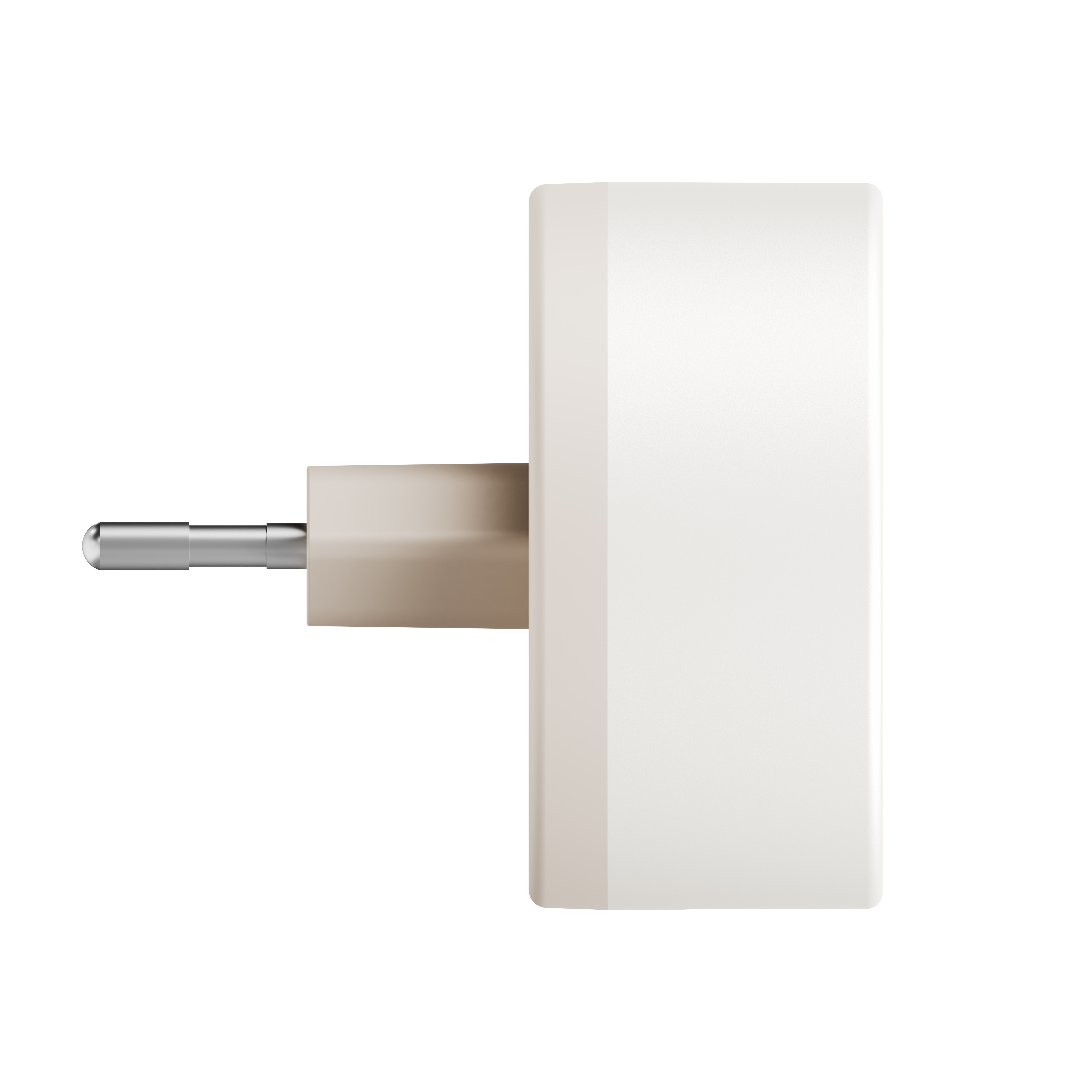 Un adattatore di spina bianco con un perno metallico rotondo.