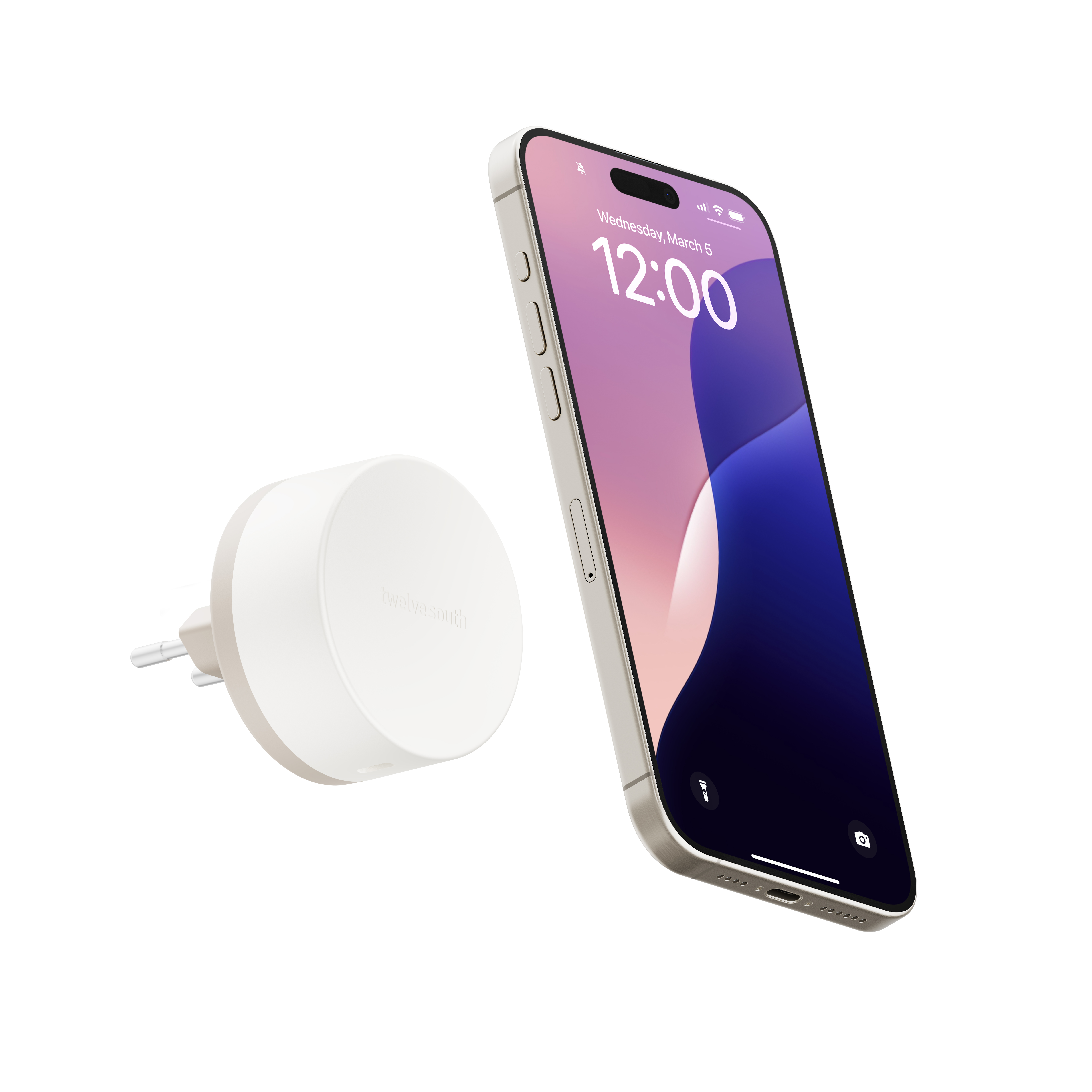 Una spina bianca e uno smartphone con sfondo viola sono uno accanto all'altro.