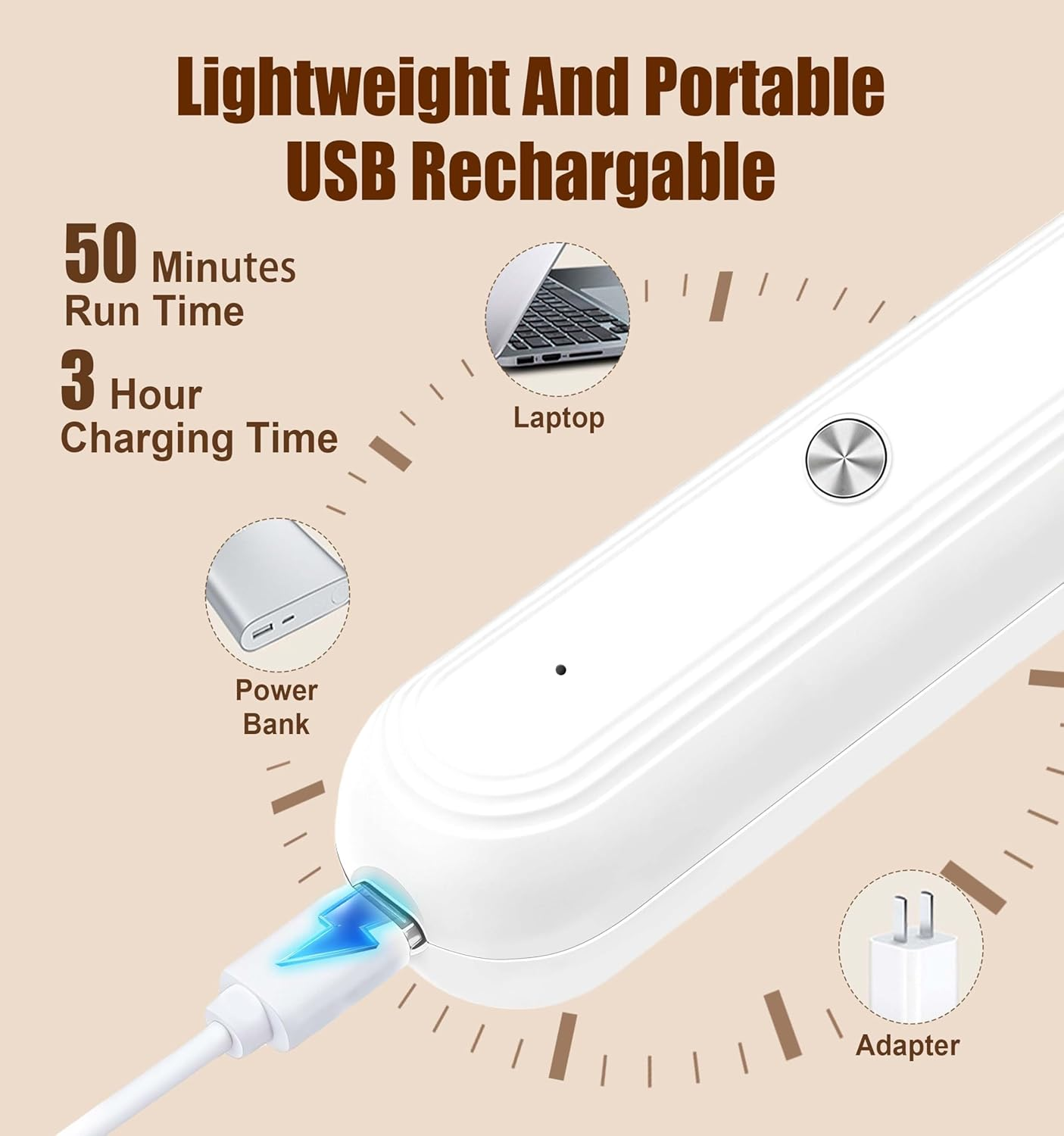 Ein weißes USB-Gerät wird mit einem Kabel aufgeladen. Spezifikationen: 50 Min. Laufzeit, 3 Std. Ladezeit.