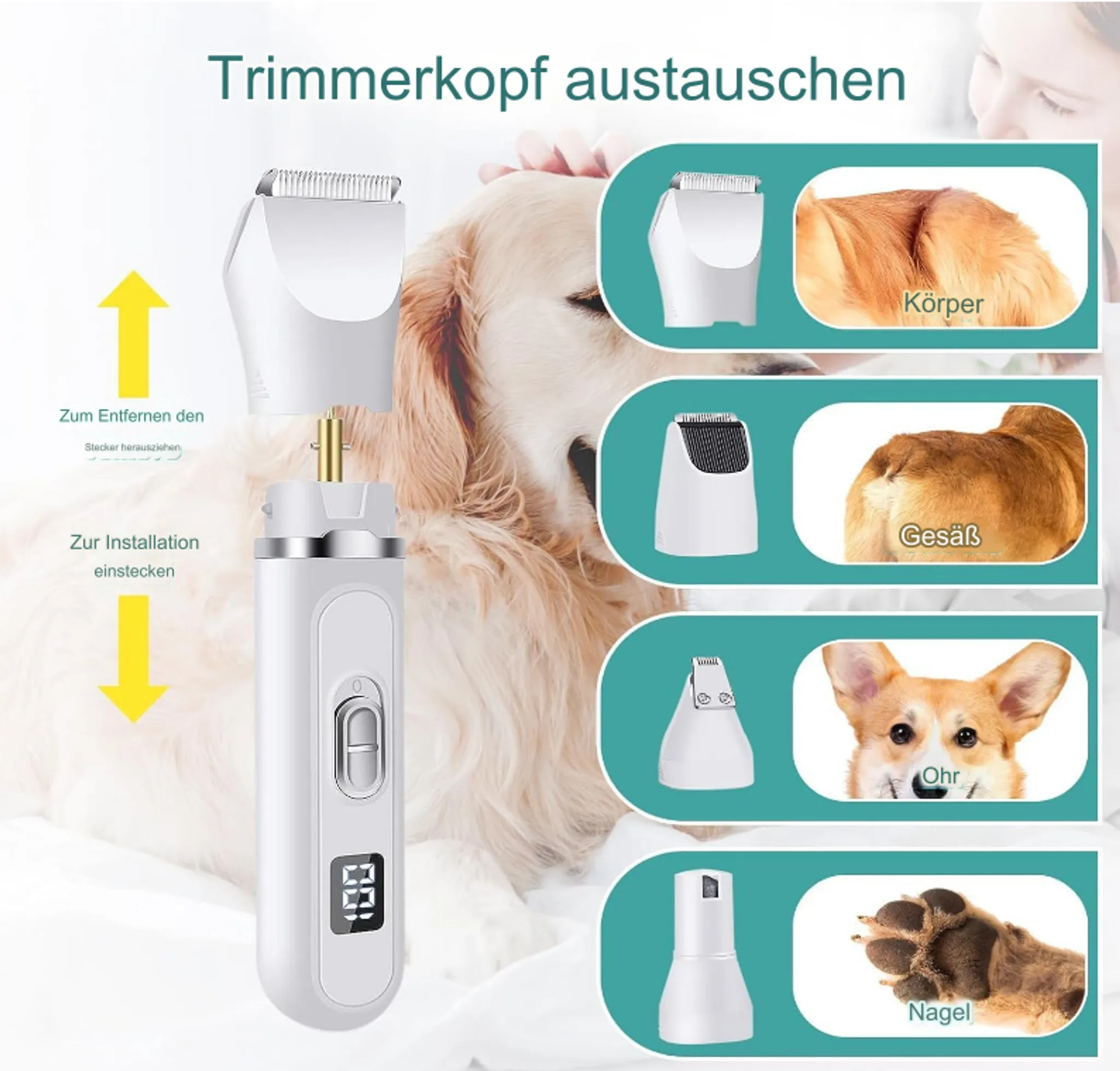 Illustration zeigt einen Hund und Trimmeraufsätze für Körper, Gesäß, Ohr und Nagel.