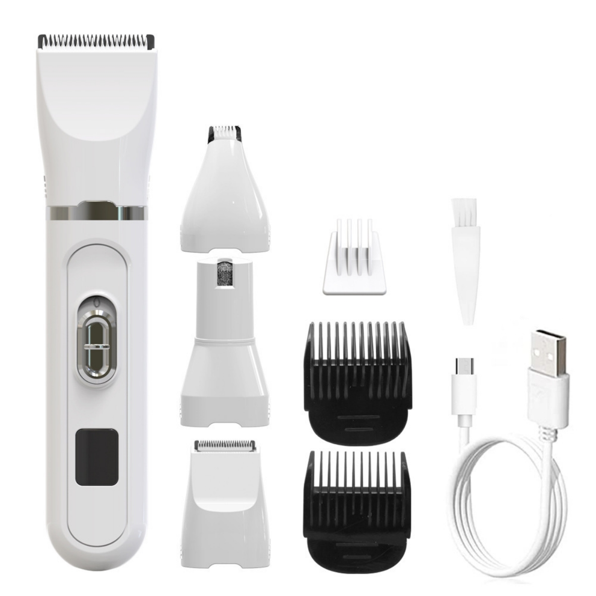 Ein weißer Haarschneider mit Zubehör: versch. Aufsätze, Bürste und USB-Kabel.