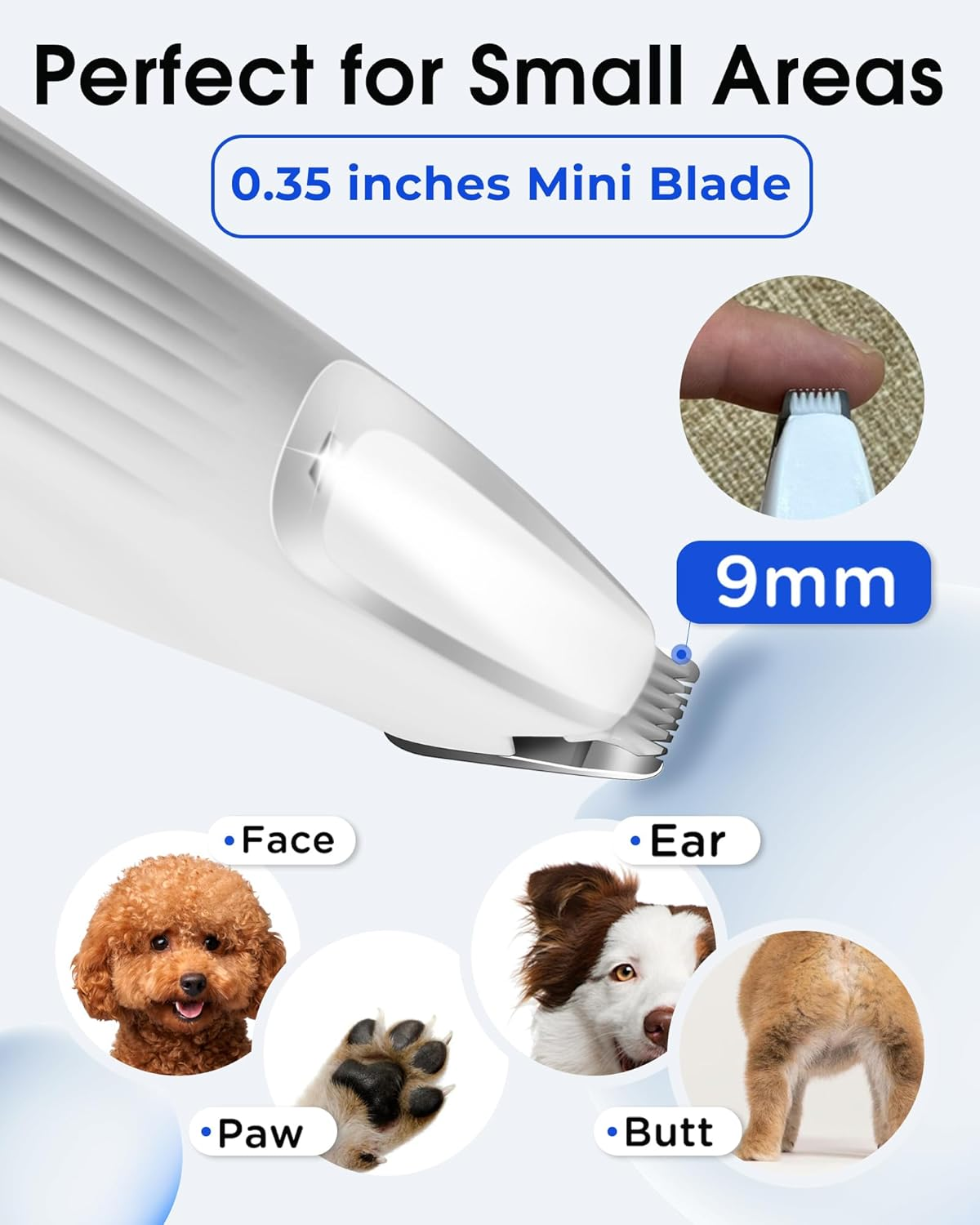 Ein weißer Trimmer mit kleiner Klinge, perfekt für kleine Hundeansicht.
