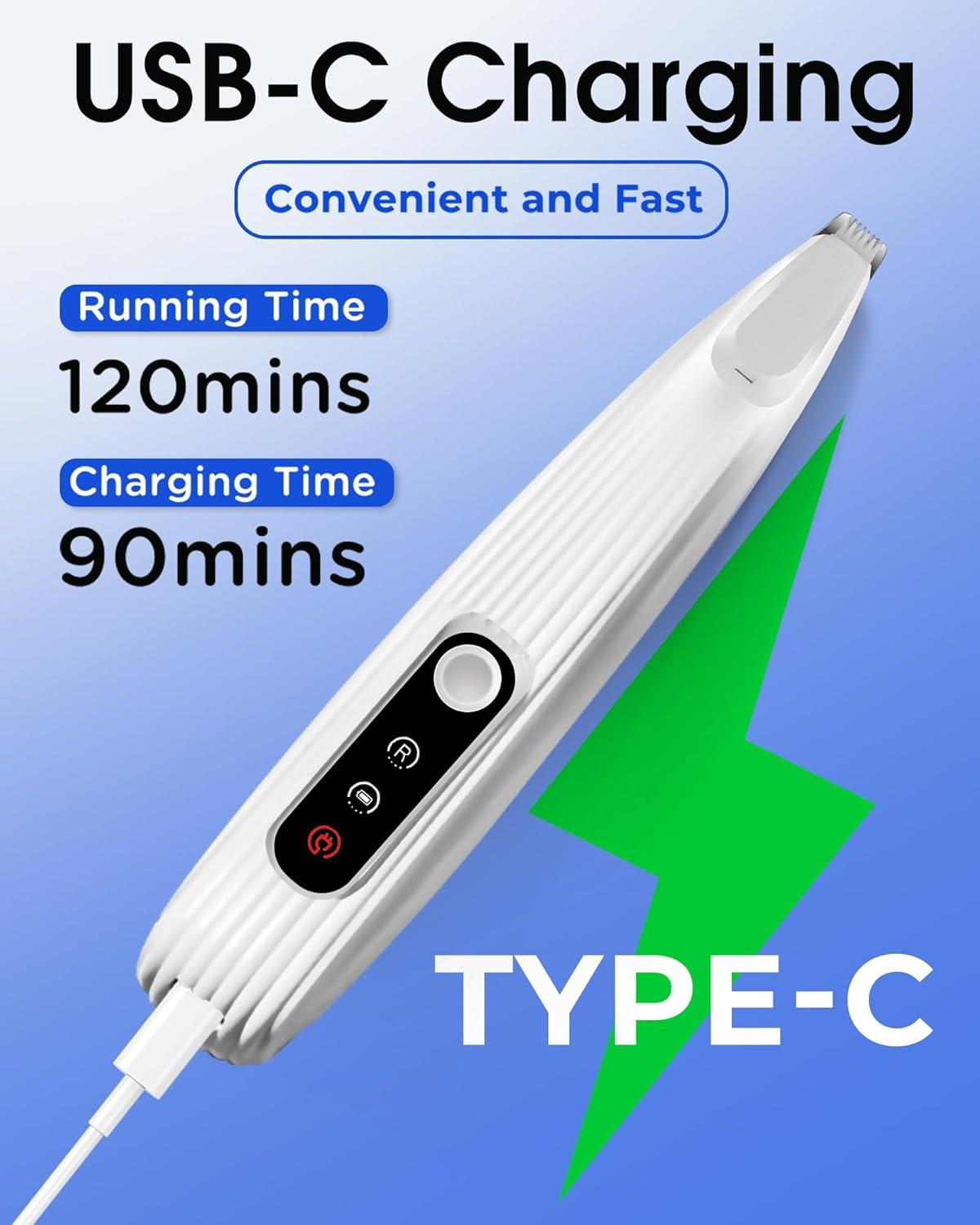 Ein weißes USB-C-Ladegerät mit 120 Min. Laufzeit und 90 Min. Ladezeit.