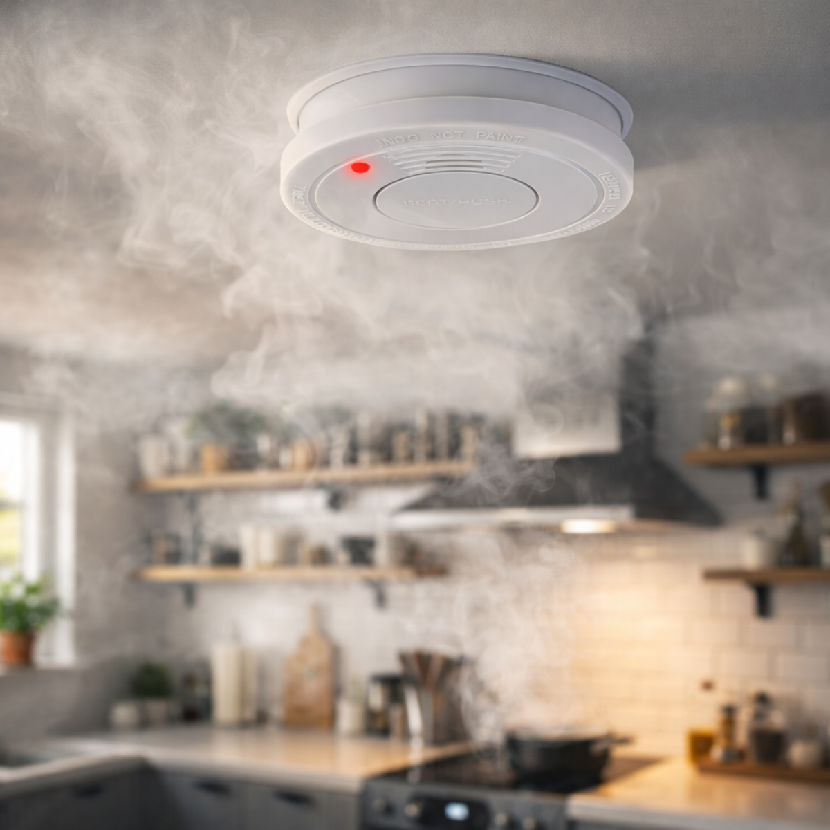 Détecteur de fumée au plafond avec voyant rouge, fumée remplit cuisine.