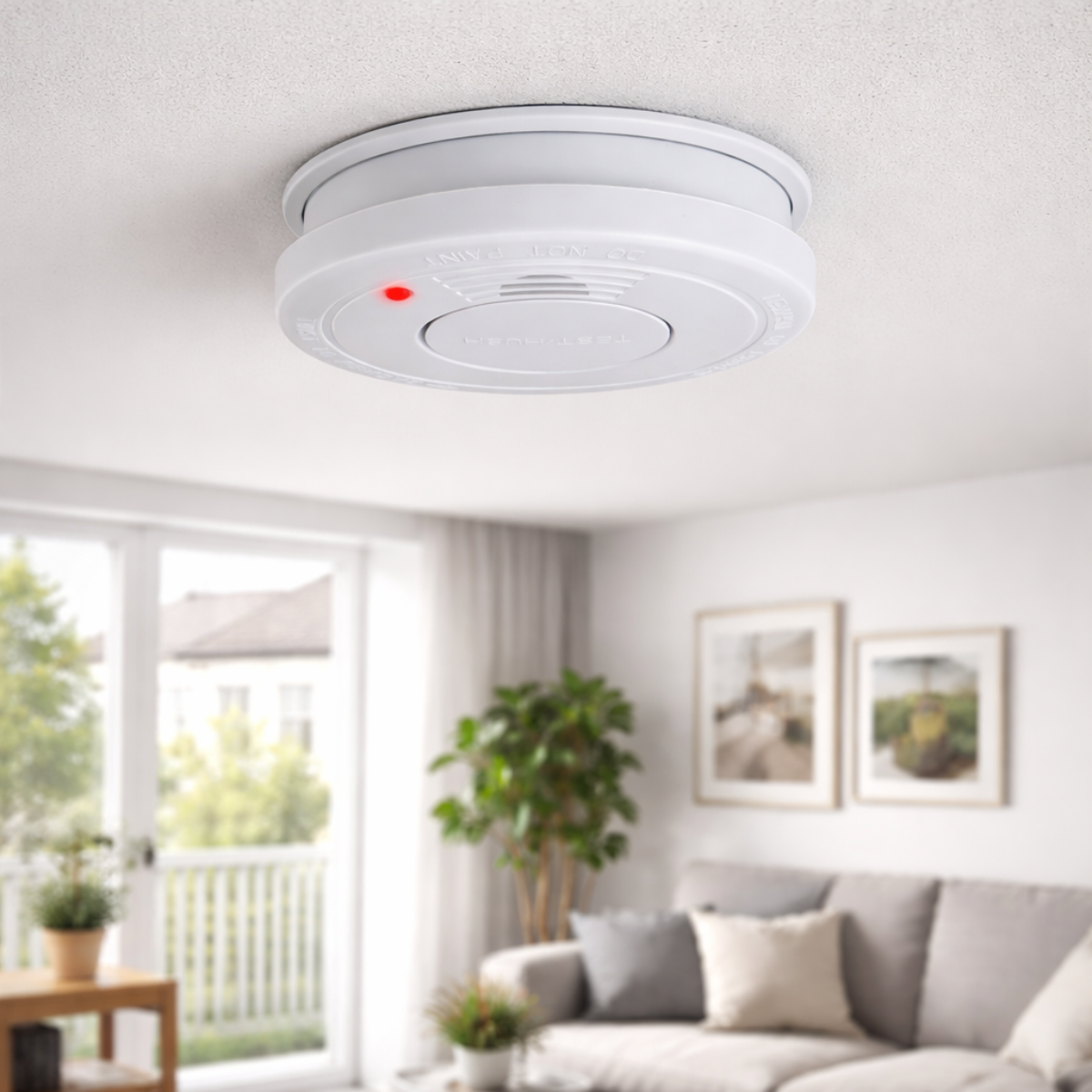 Un détecteur de fumée blanc avec une lumière rouge allumée au plafond.