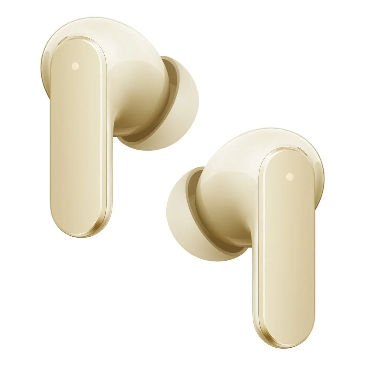 Zwei beige kabellose Ohrhörer mit metallisch-goldenen Akzenten auf weißem Grund.