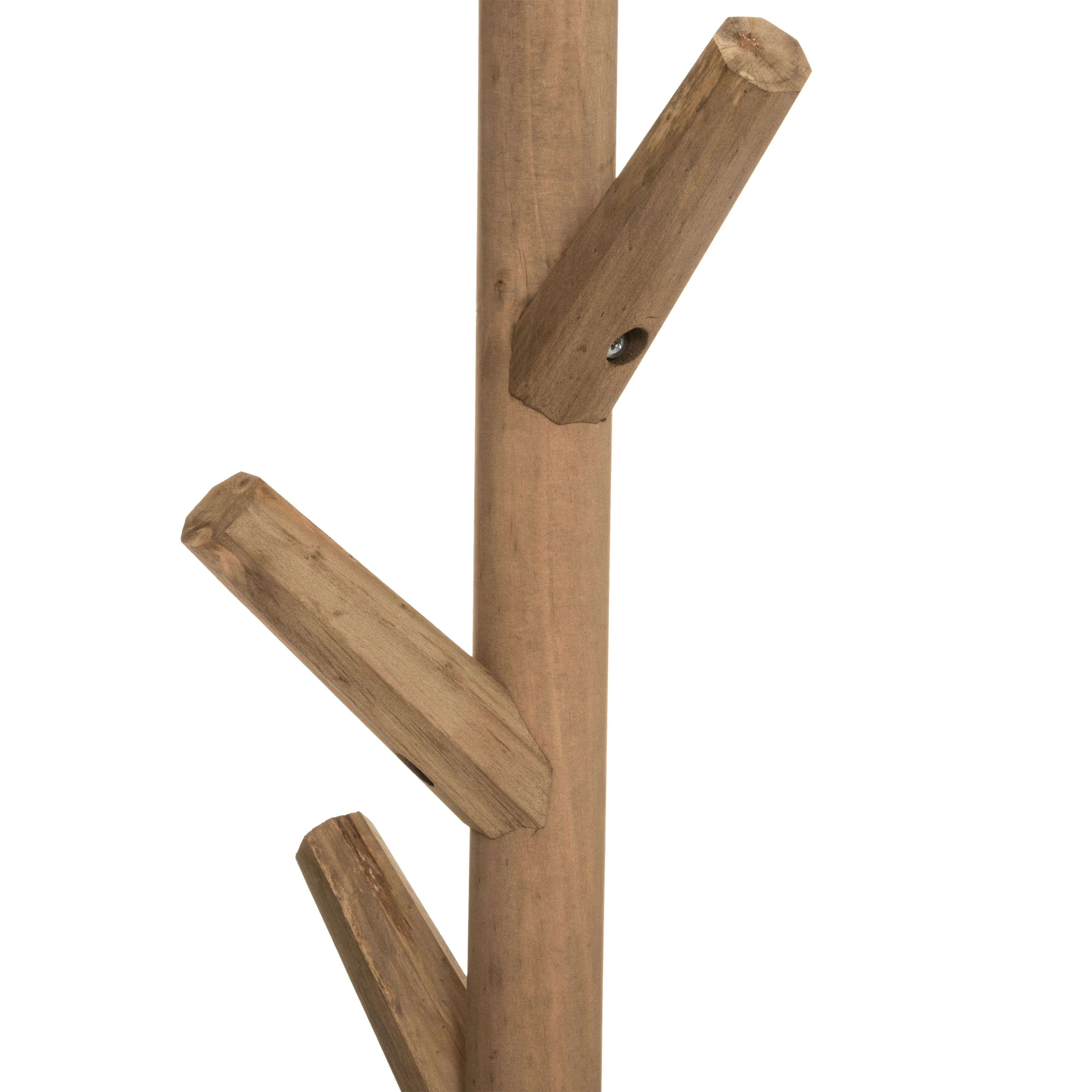 Un perchero de madera con ramas como ganchos, sobre fondo blanco.