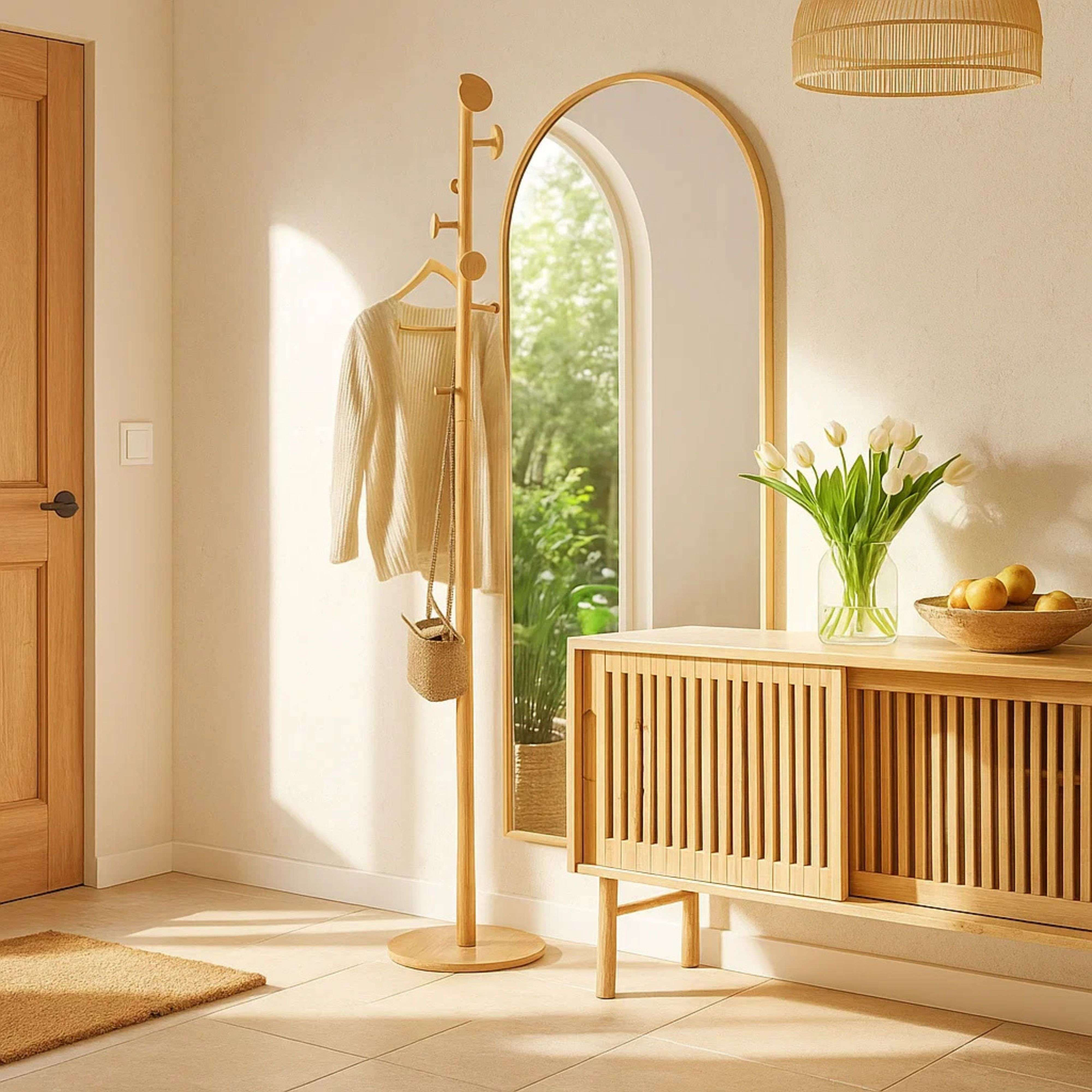 Un pasillo con puerta de madera, perchero, espejo, cómoda con flores y fruta.