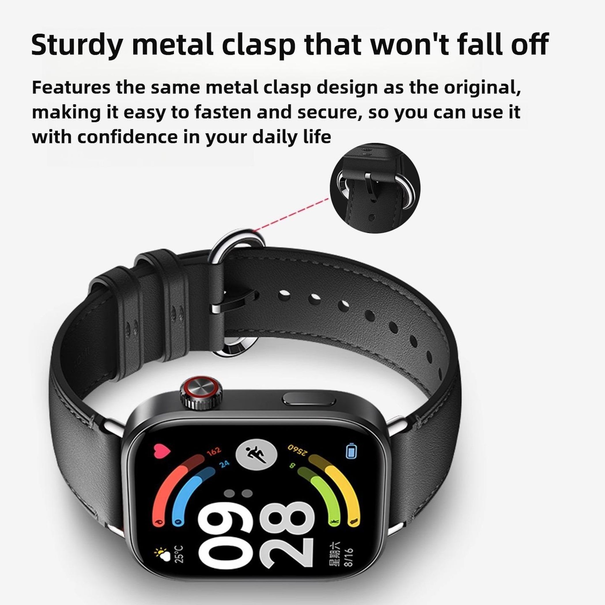 Schwarzes Lederarmband an einer Smartwatch mit silberner Schnalle und Zifferblatt.