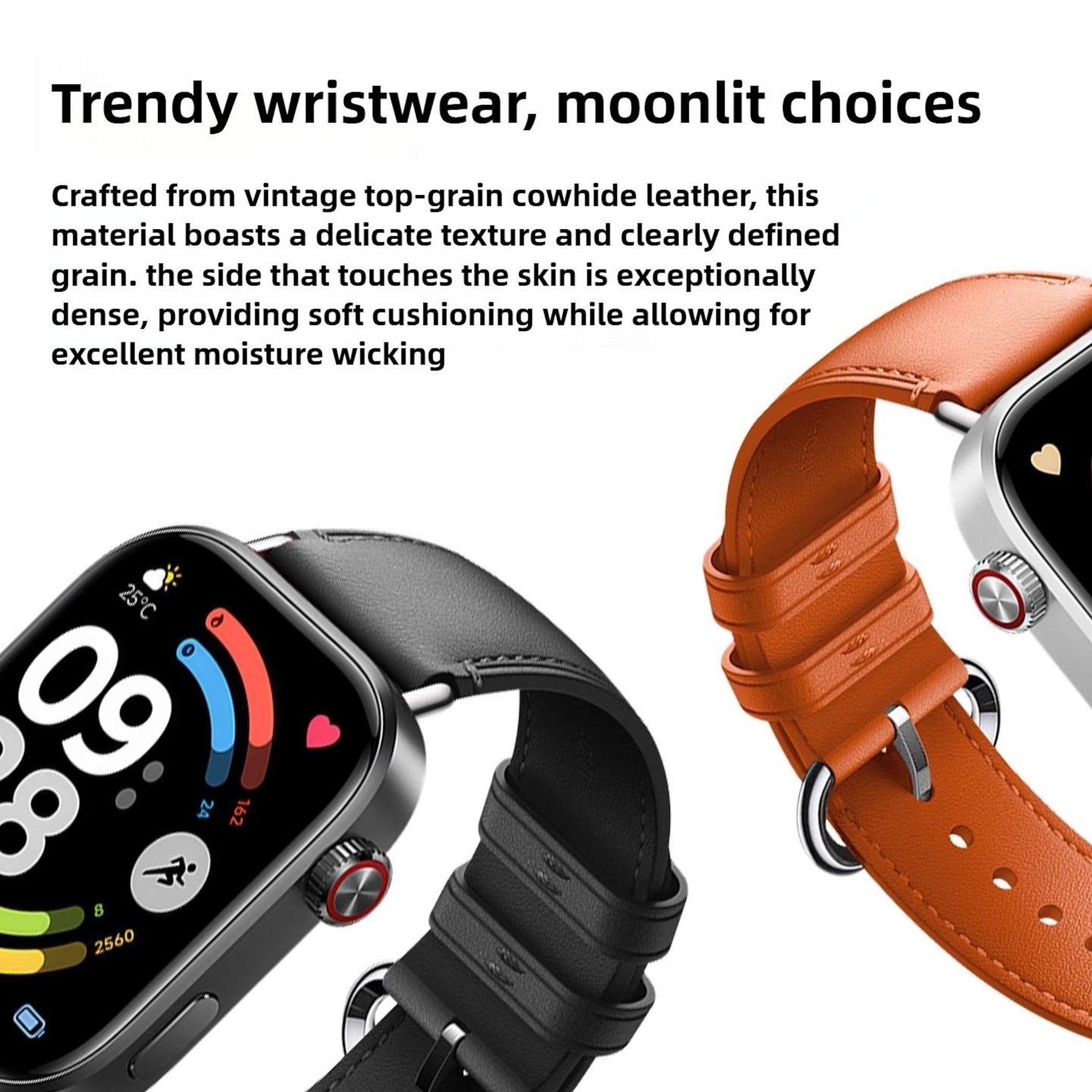 Zwei Smartwatches mit Lederarmbändern. Ein schwarzes Armband, ein oranges. Bildschirm zeigt Statistiken.