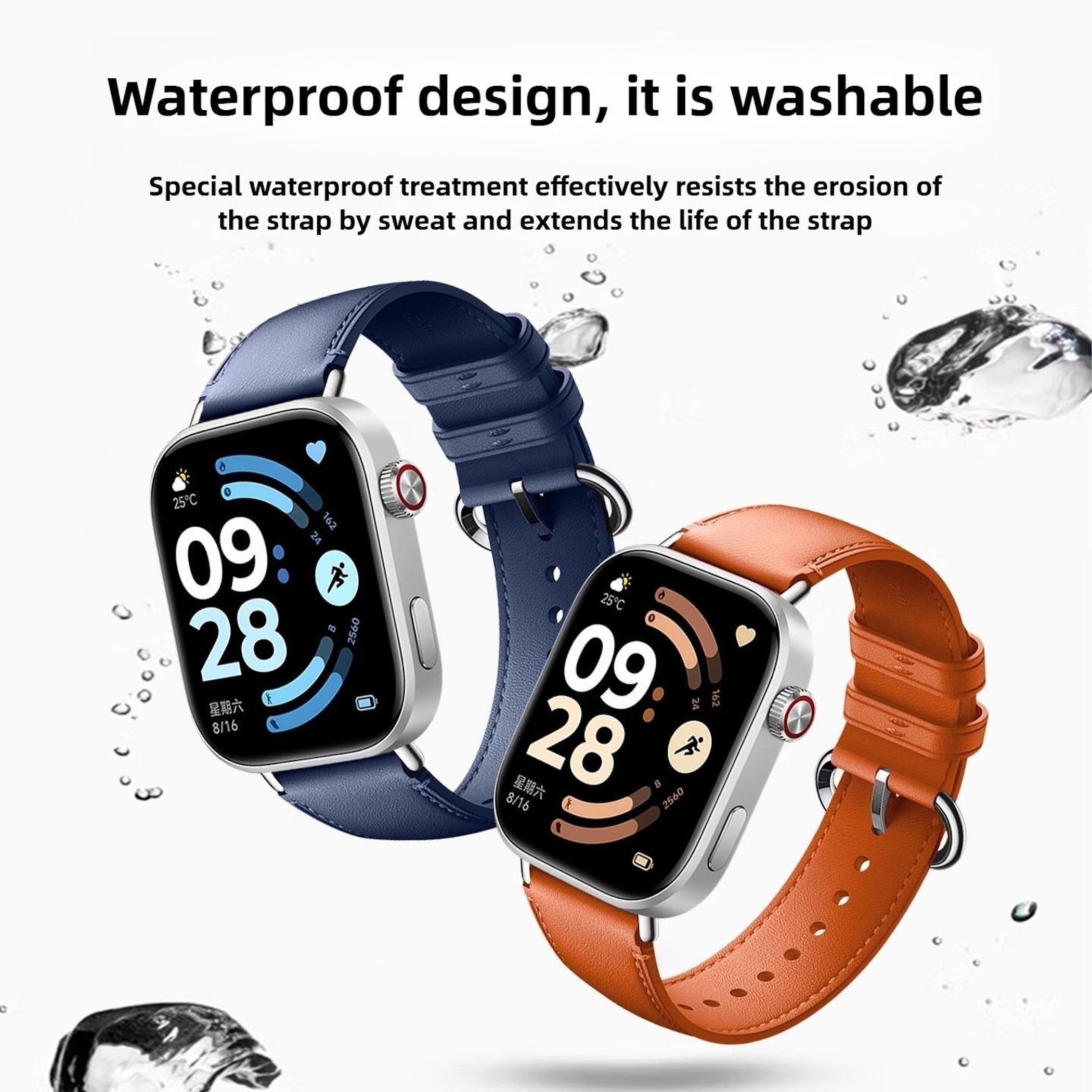 Zwei Smartwatches, eine mit blauem, eine mit orangem Band, vor Wasserspritzern.