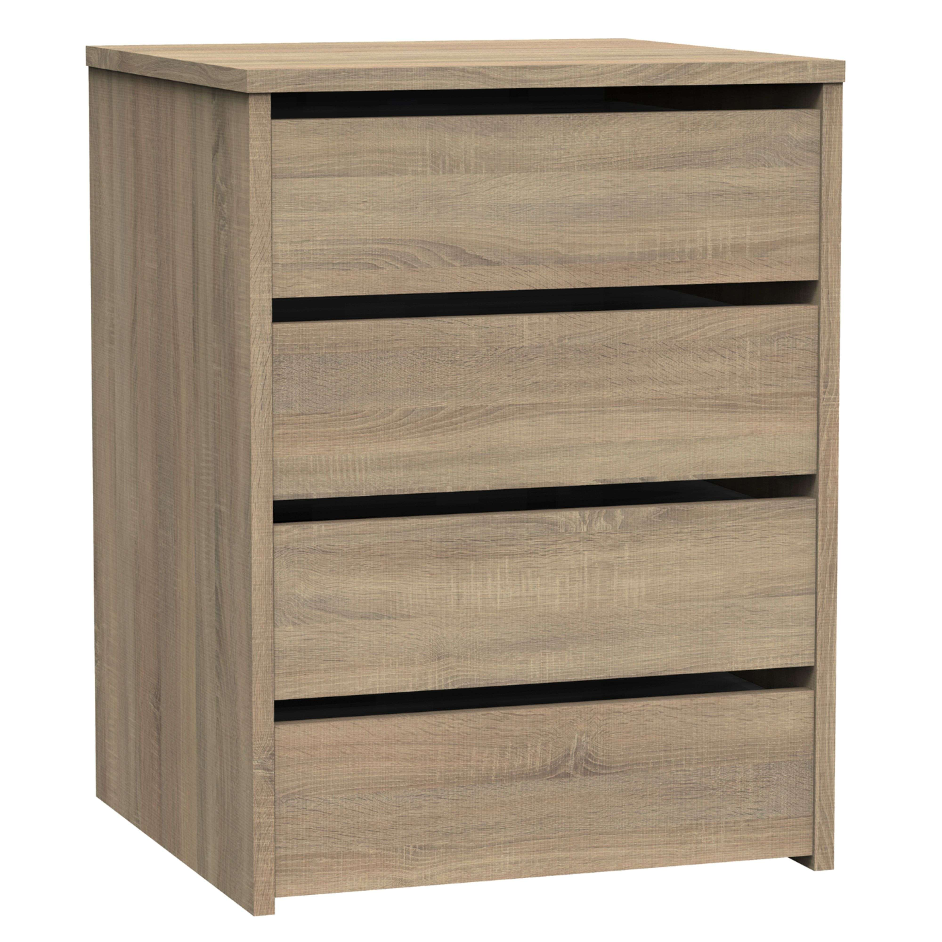 Cómoda de madera con cuatro cajones y tiradores negros.